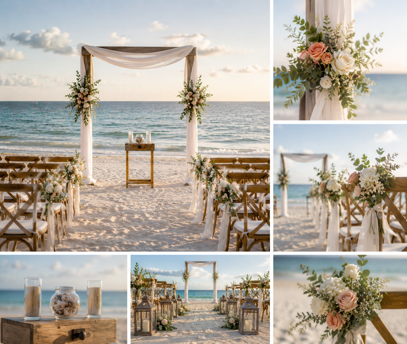Beachside wedding setup with an arch decorated with flowers and draped fabric, surrounded by chairs with floral arrangements, lanterns, and candles on the sand, overlooking the ocean with a clear sky and clouds.