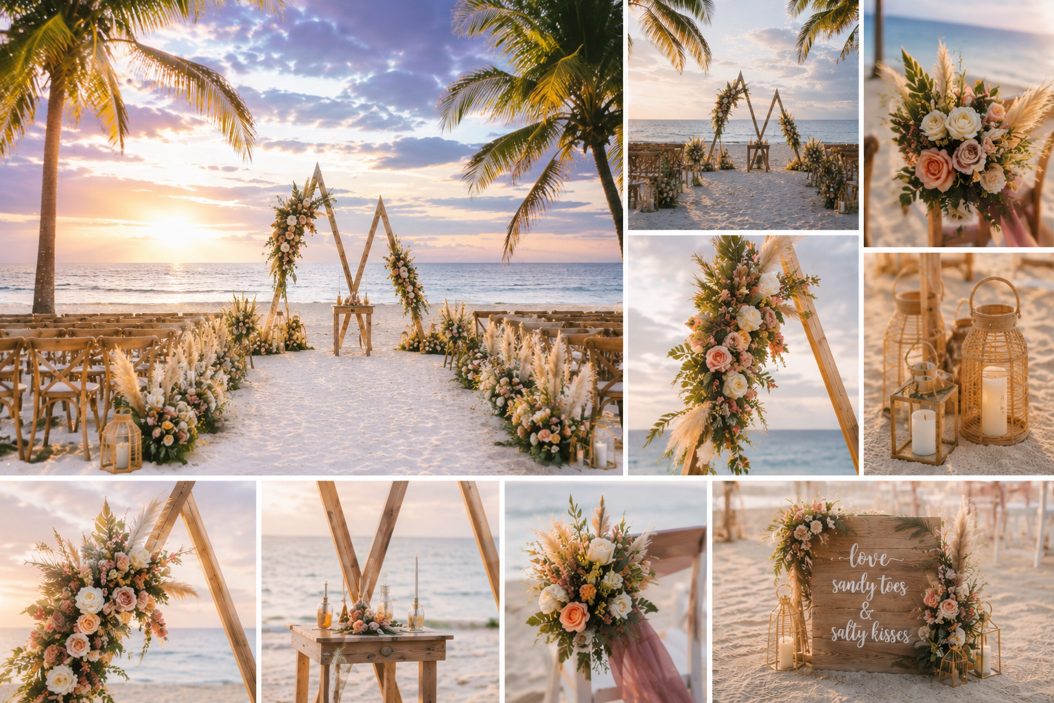 Beach wedding setup at sunset with wooden arch decorated with flowers and greenery, surrounded by floral arrangements and candles, on sandy shore with ocean and sunset in the background.