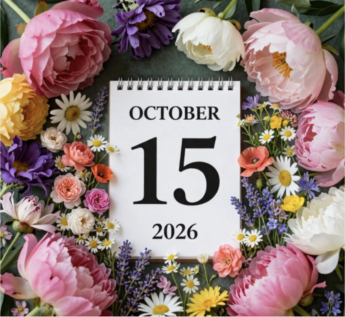 A floral arrangement surrounds a calendar page showing October 15, 2026.