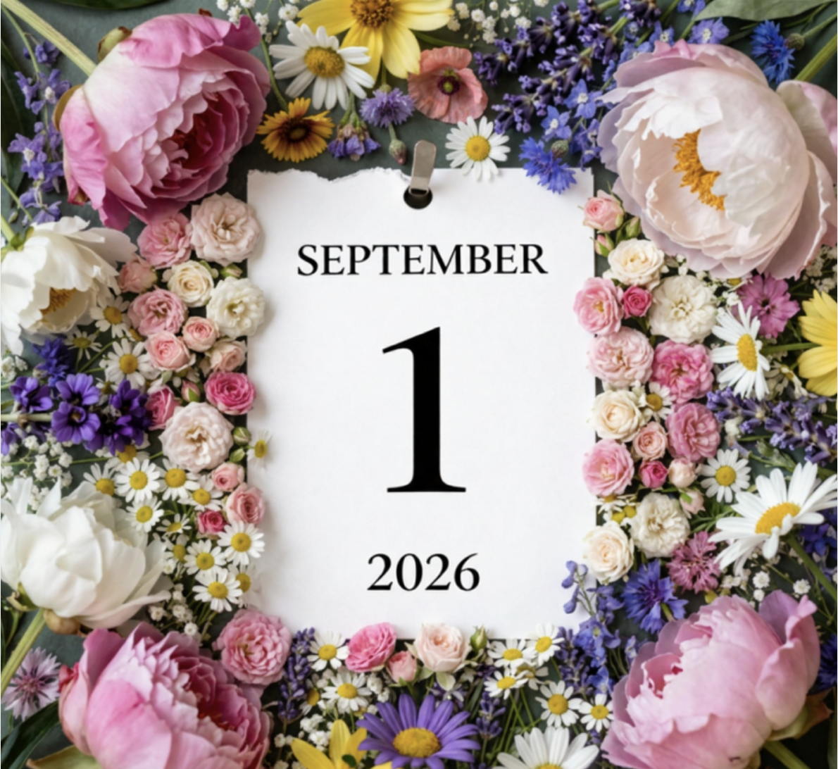 A floral arrangement surrounding a white calendar page with the date September 1, 2026, in black text.