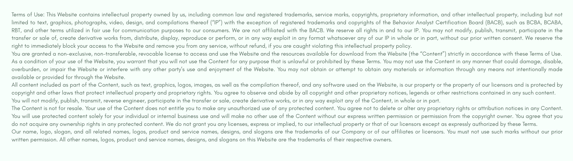 Terms of Use text on a light background discussing intellectual property and website usage policies.