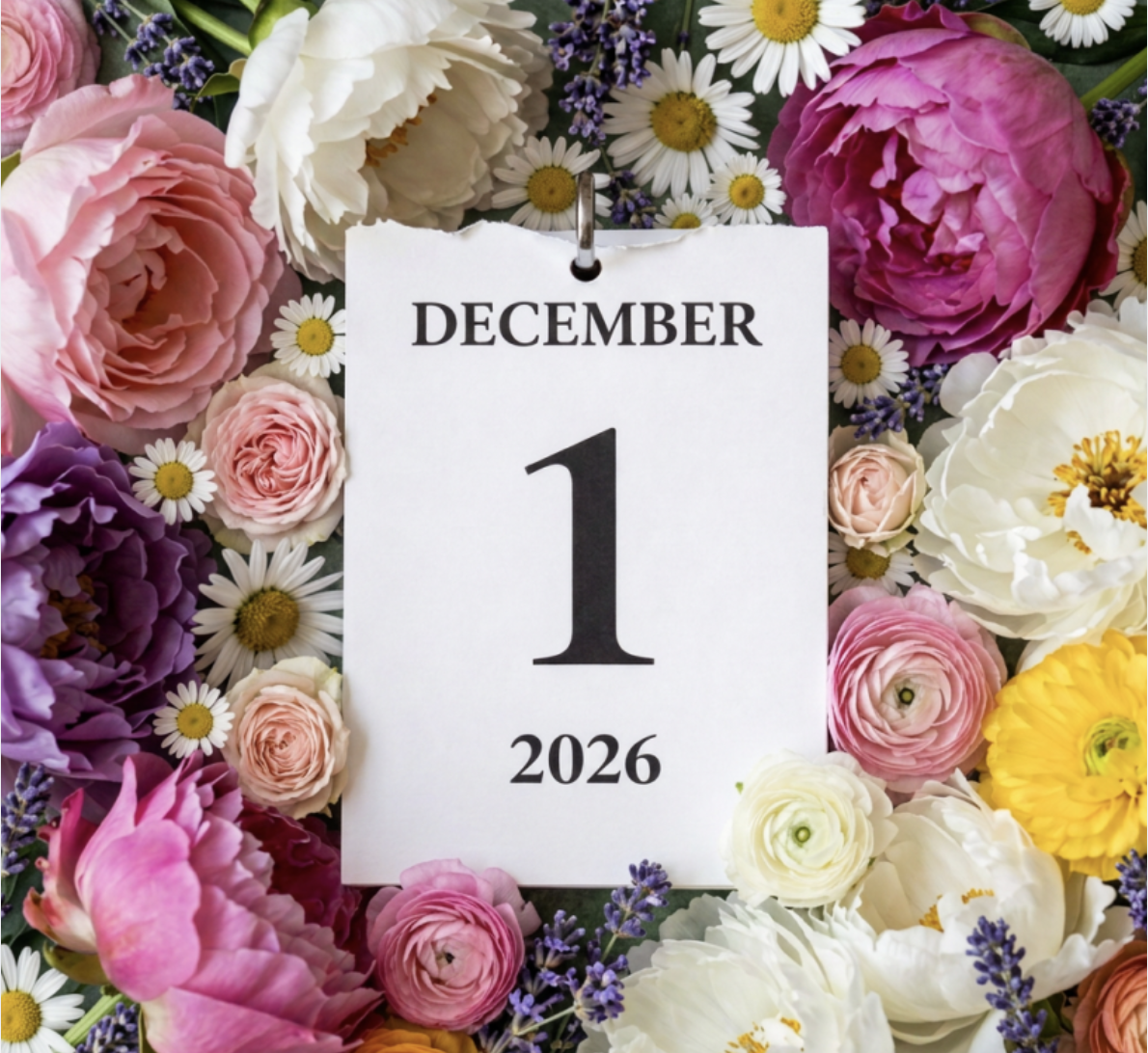 A calendar page with the date December 1, 2026, amid colorful flowers including pink, white, yellow, and purple blossoms.