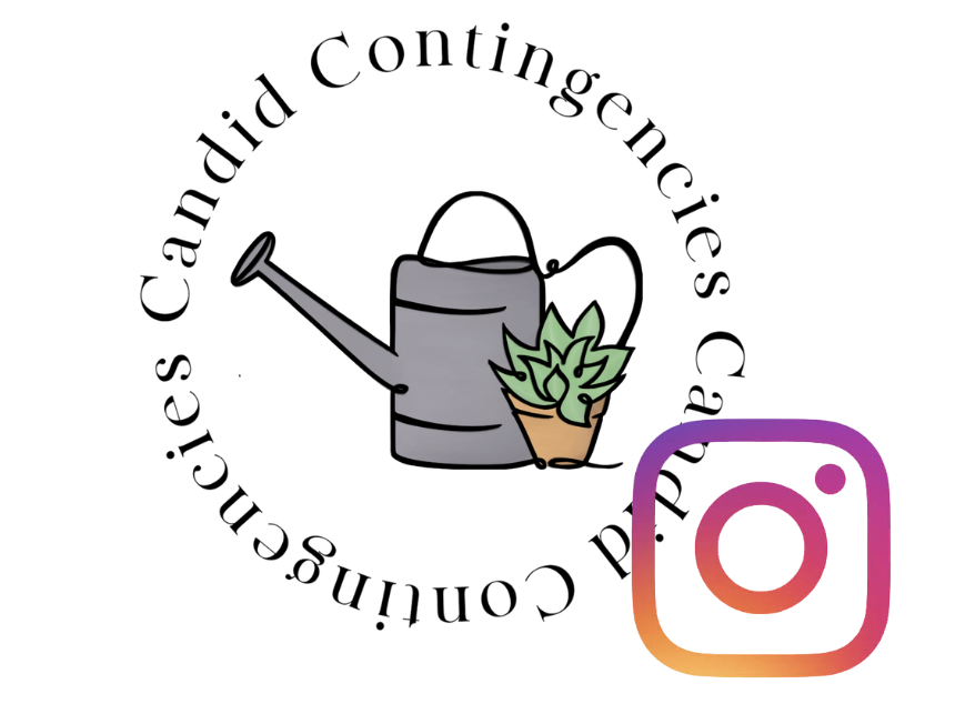 Candid Contingencies logo of a cartoon purple watering can behind a green succulent in a brown pot with the Instagram logo