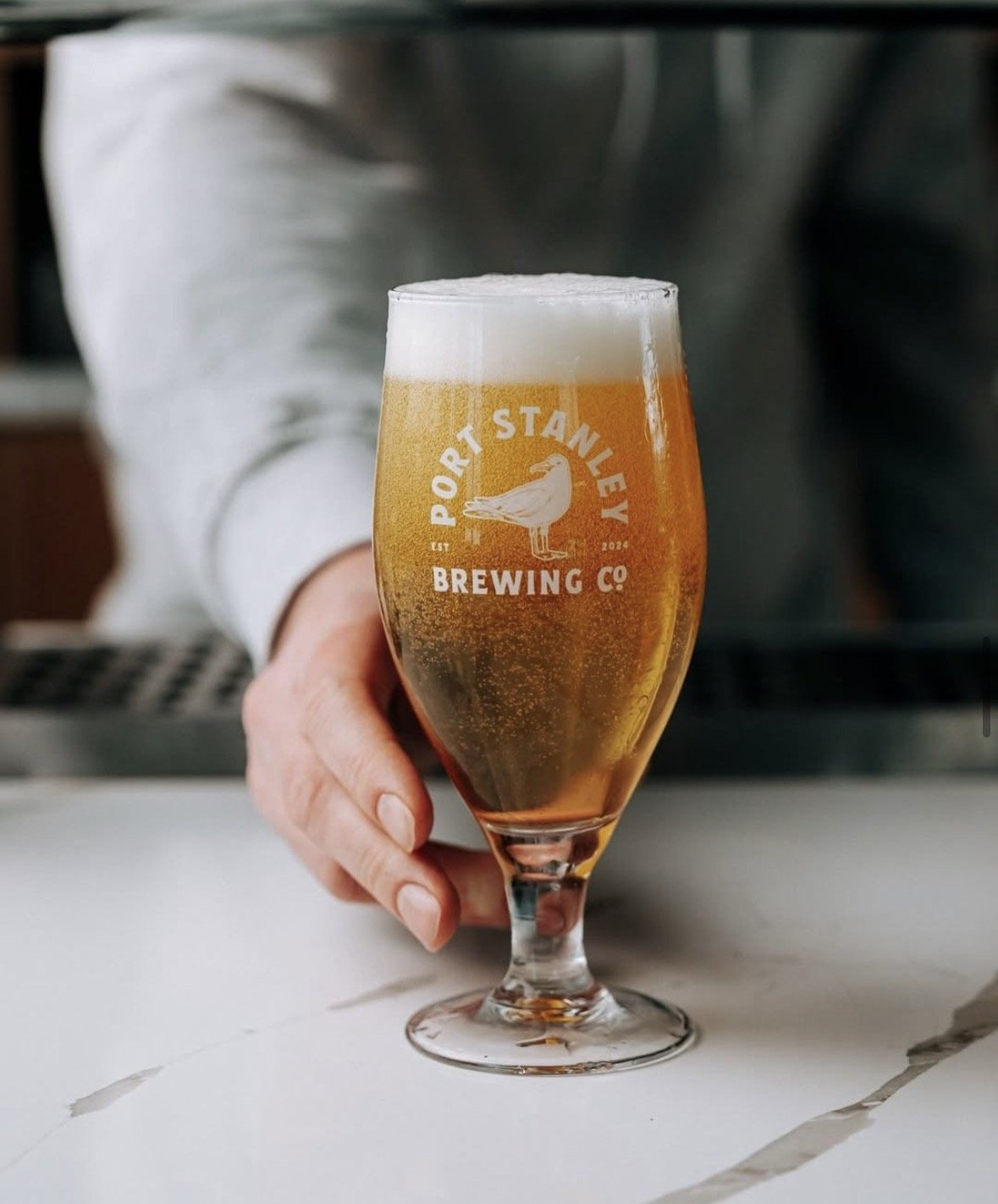 A person holding a glass of beer with foam on top, featuring a logo of a bird and the text 'Port Staley Brewing Co.' on the glass.