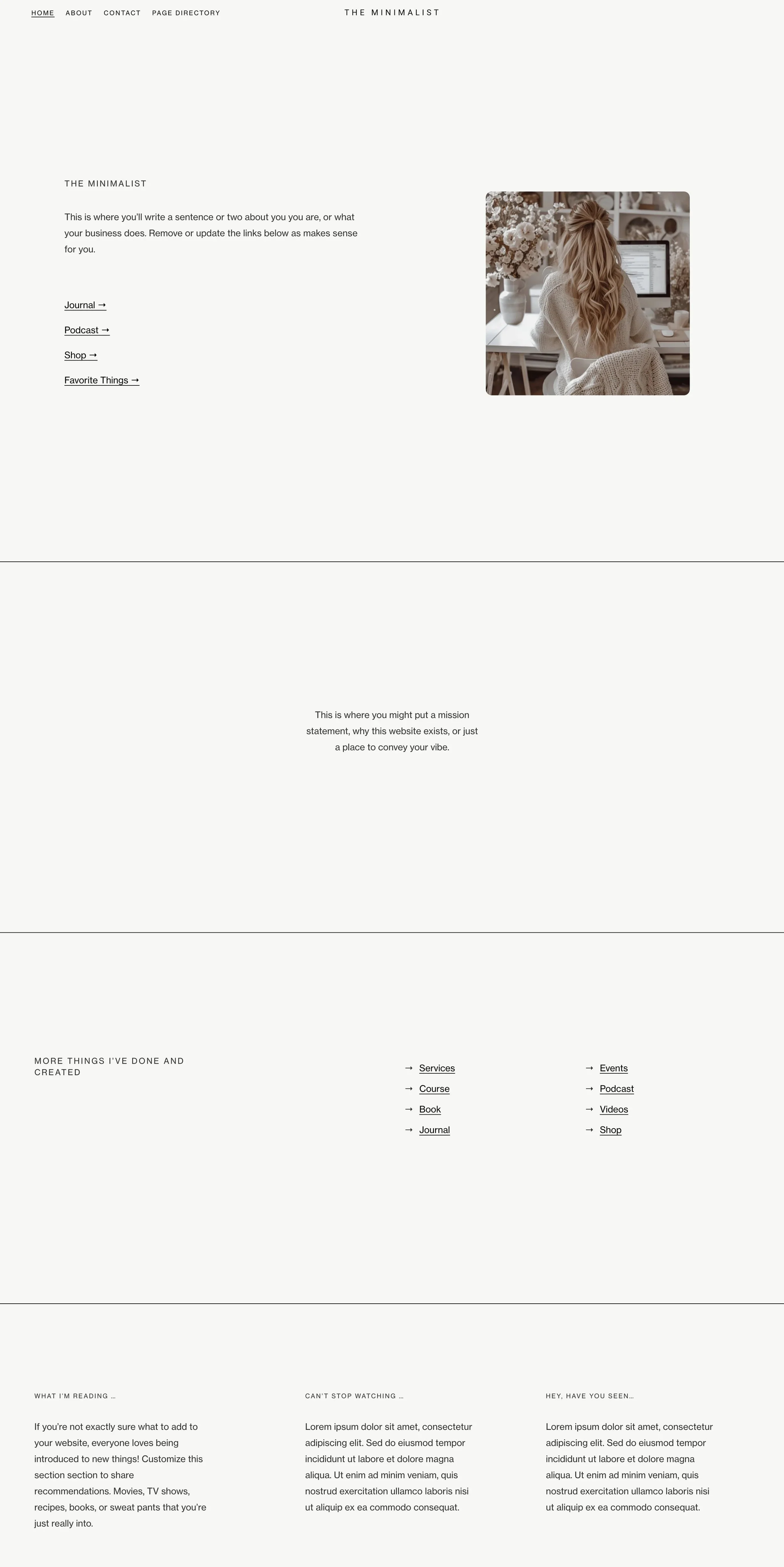 A website homepage for 'The Minimalist' featuring a photo of a woman with long blonde hair sitting at a desk with a computer and flowers.