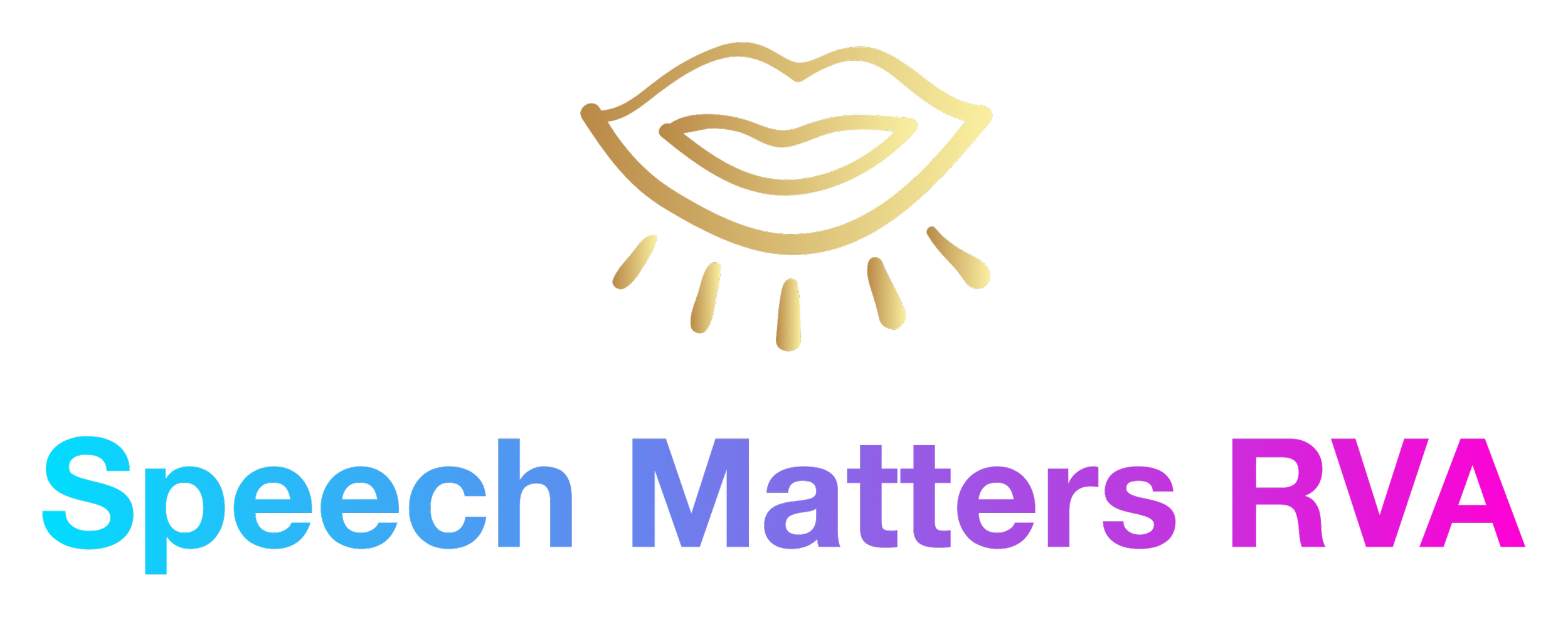 The logo for Speech Matters RVA featuring a gold outline of lips with rays emanating from underneath, and colorful text reading 'Speech Matters RVA' in shades of blue, purple, and pink.