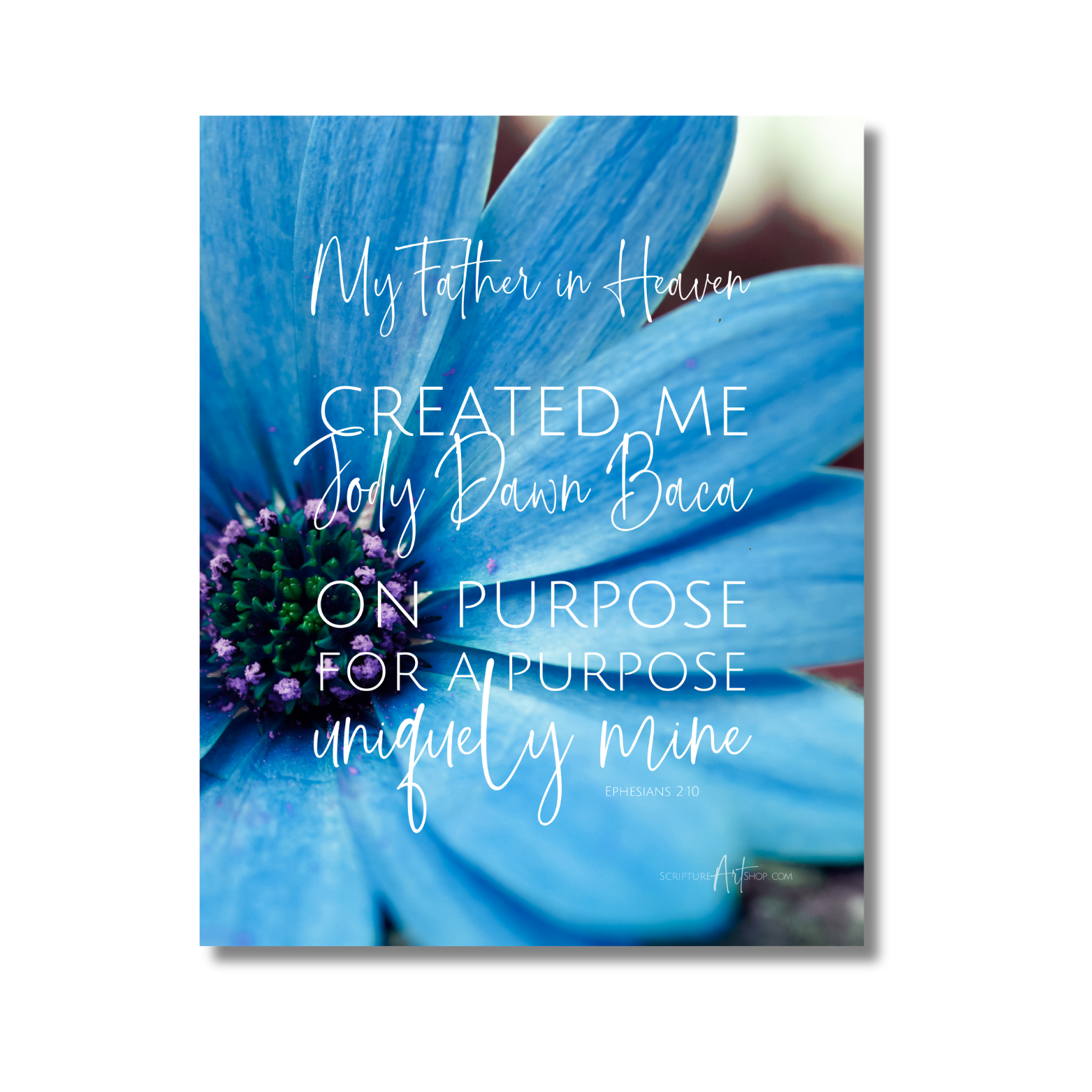 Personalized Created on Purpose Ephesians 2:10 Blue Flower 02