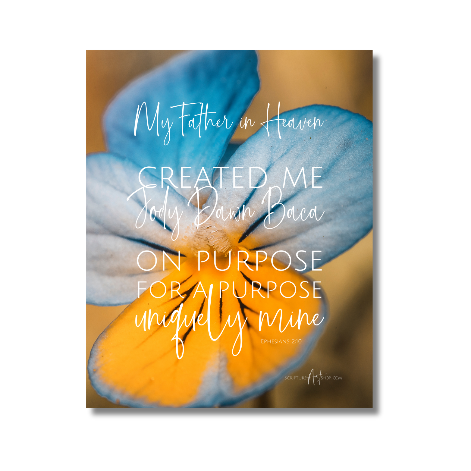 Personalized Created on Purpose Ephesians 2:10 Blue Flower 01