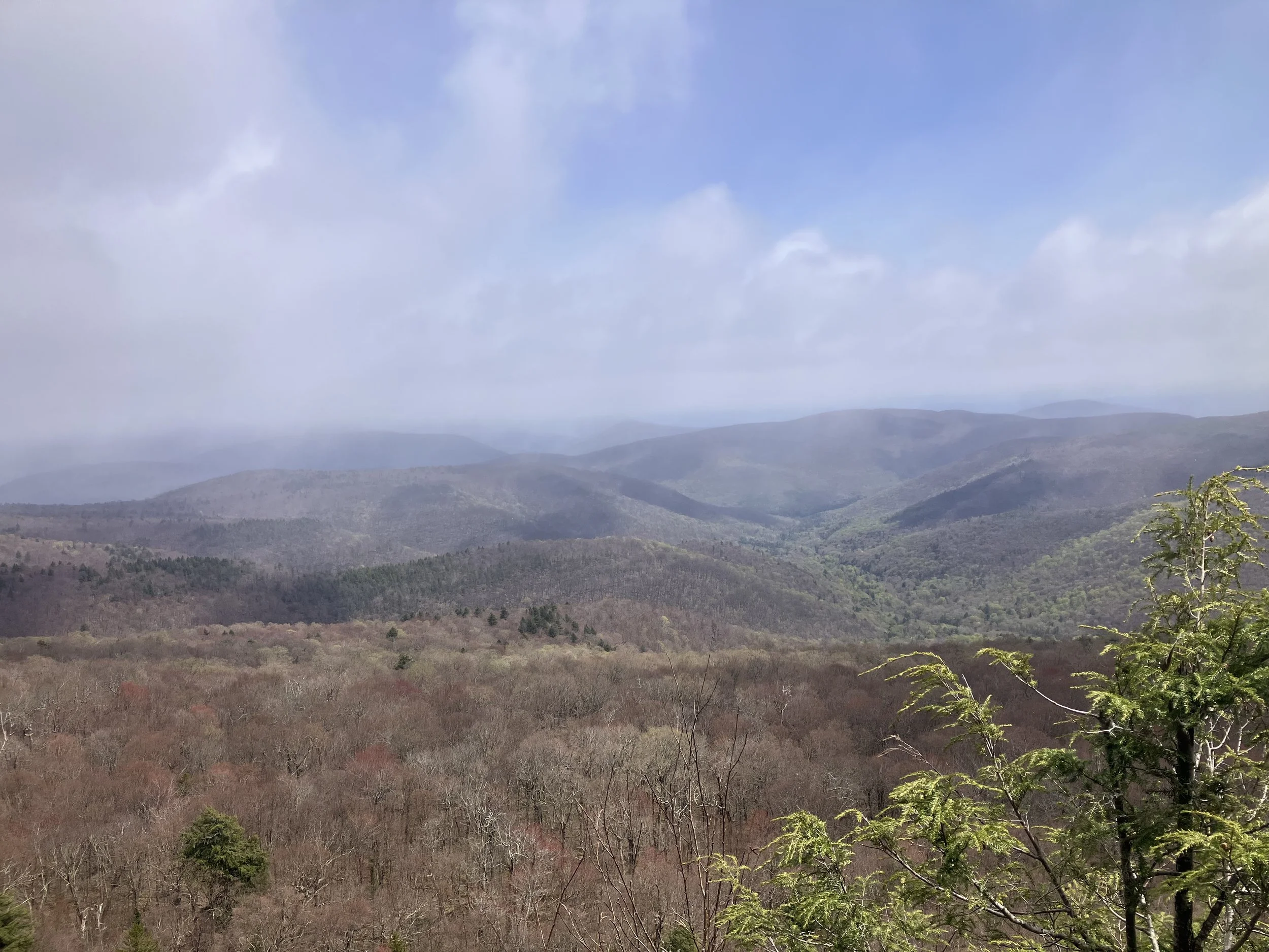 Mountain landscape with rolling hills, partly cloudy sky, and a mix of bare and green trees.