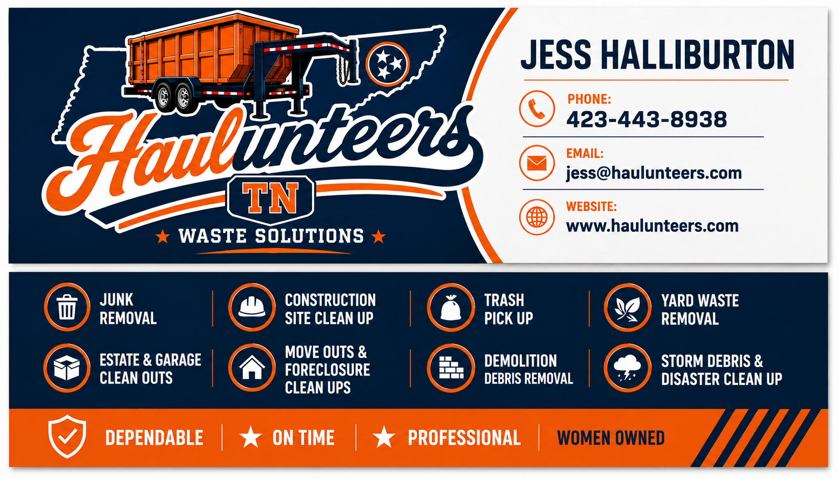 Business card for Haulunteers TN Waste Solutions featuring a logo with an orange dump trailer and Tennessee outline, contact information for Jess Halliburton including phone, email, and website, and a list of services such as junk removal, estate and garage cleanouts, construction site cleanup, move-out and foreclosure cleanups, trash pickup, demolition debris removal, yard waste removal, and storm debris and disaster cleanup. The card highlights being dependable, on time, professional, and women owned.