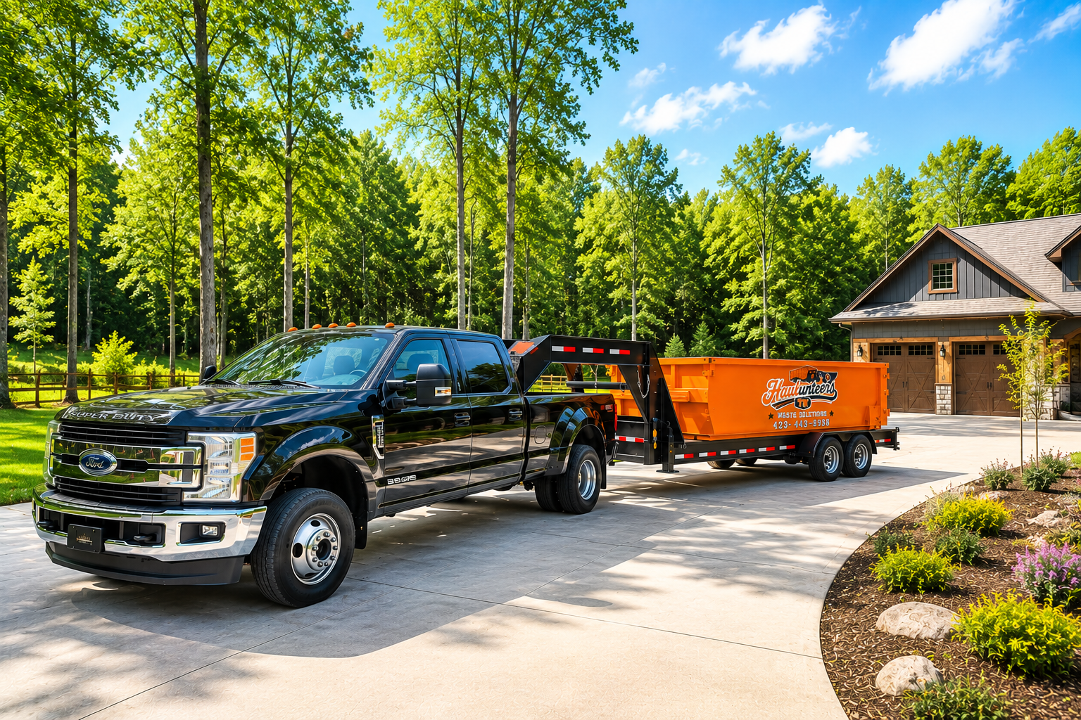 TN Haulunteers truck and orange dumpster providing residential dumpster rental service in East Tennessee