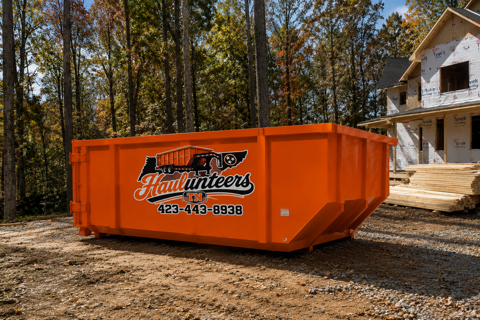 TN Haulunteers 15-yard dumpster at a residential construction site in East Tennessee