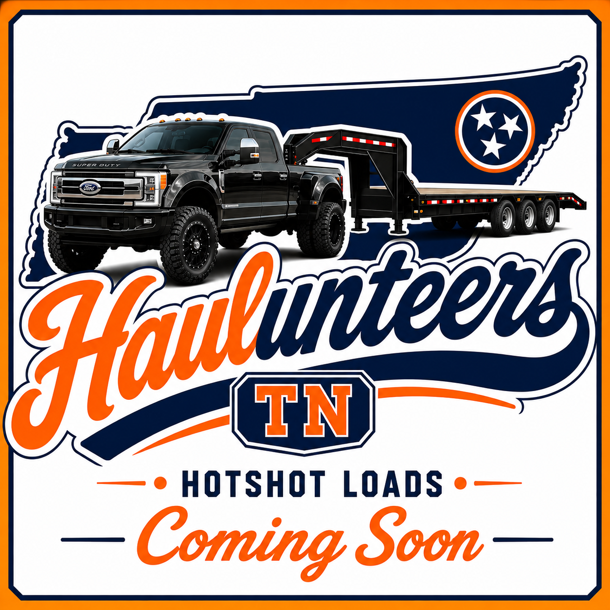 Black Ford Super Duty truck pulling a flatbed trailer, with Tennessee state outline and flag logo in the background, and text reading "Hauleyters TN Hotshot Loads Coming Soon".