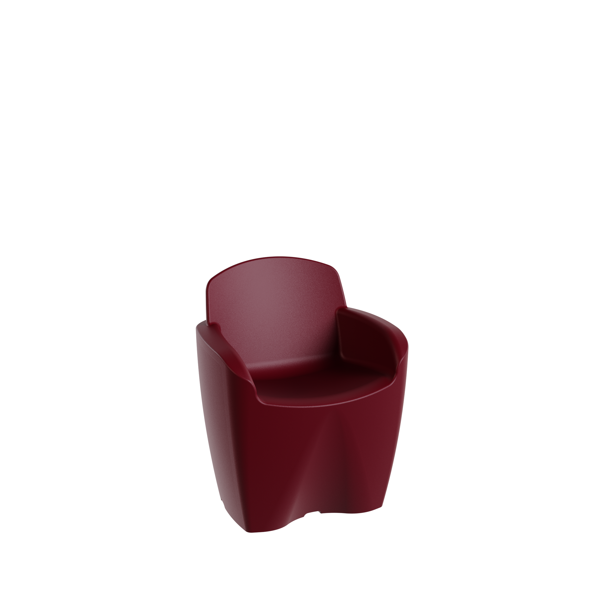 Fauteuil rouge en plastique avec bras, vue de face, sur fond noir.