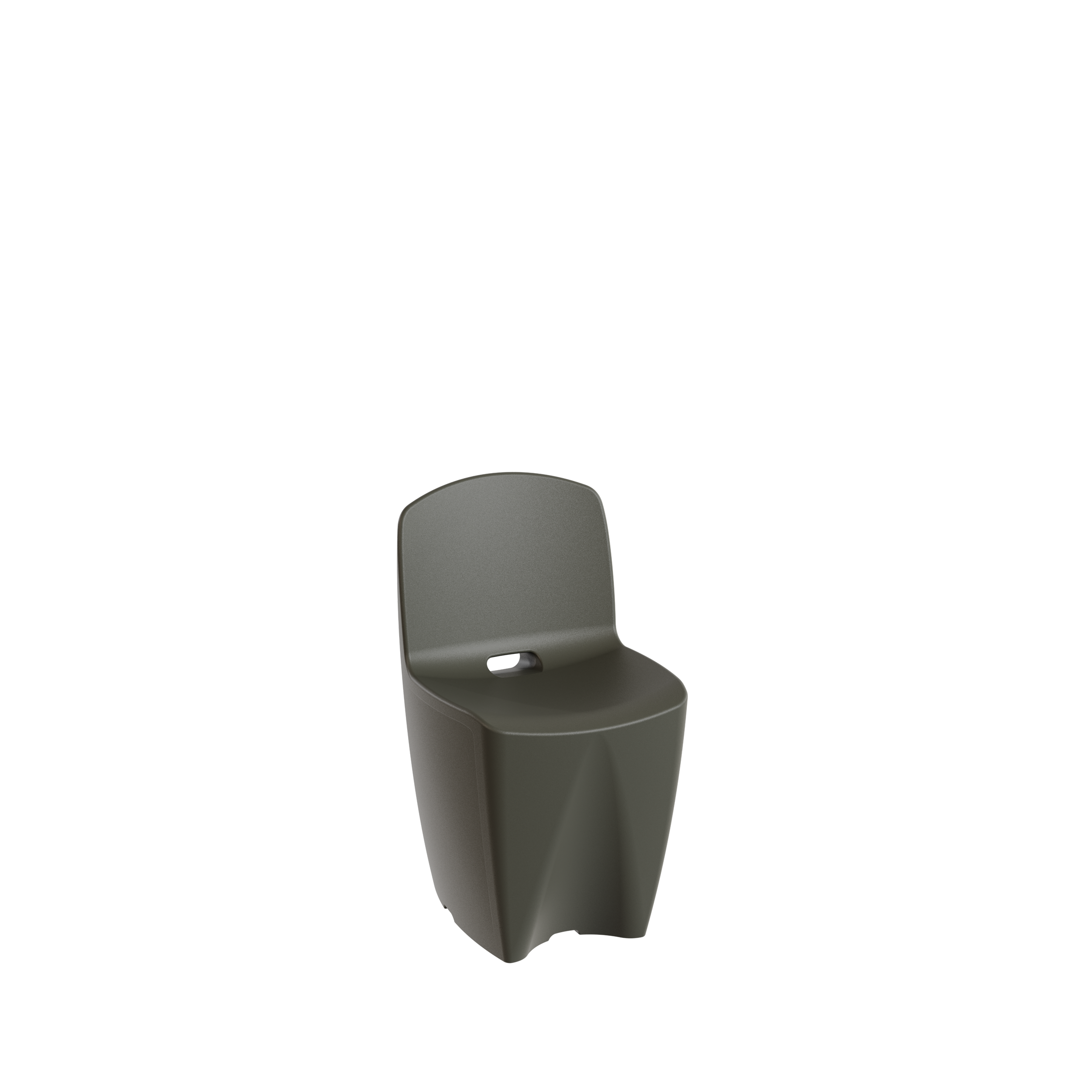 Une toilette sèche en gris foncé avec un siège fermé, sans plomberie visible.