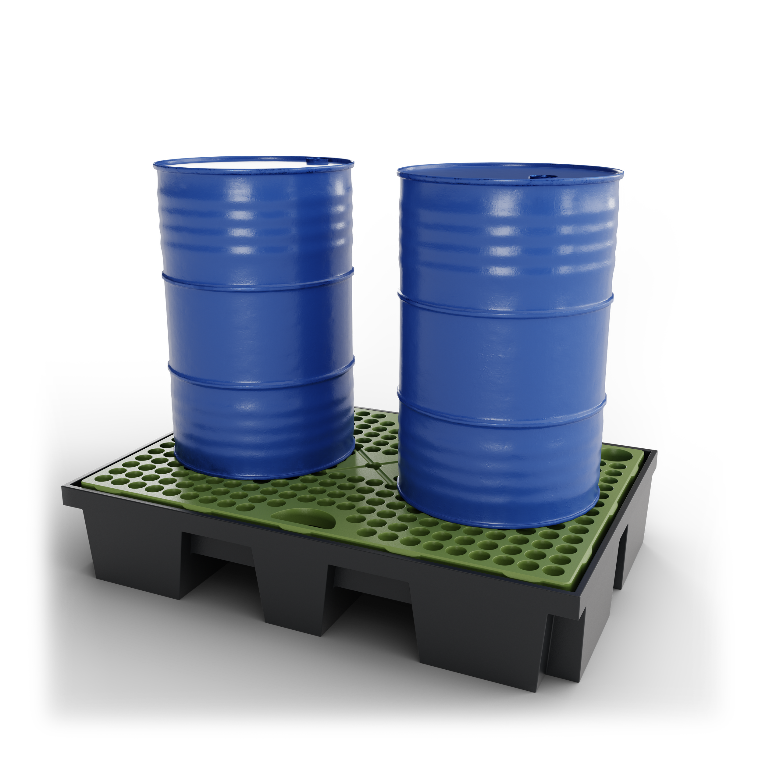 Deux barils bleus sur un support de stockage en plastique vert, utilisé pour le stockage ou la manipulation de liquides ou de substances chimiques. Packshot 3D, Visuel 3D, CGI , E- commerce Haut de france, St-Omer, Lille, Paris, Cote d'Opale, Dunkerq