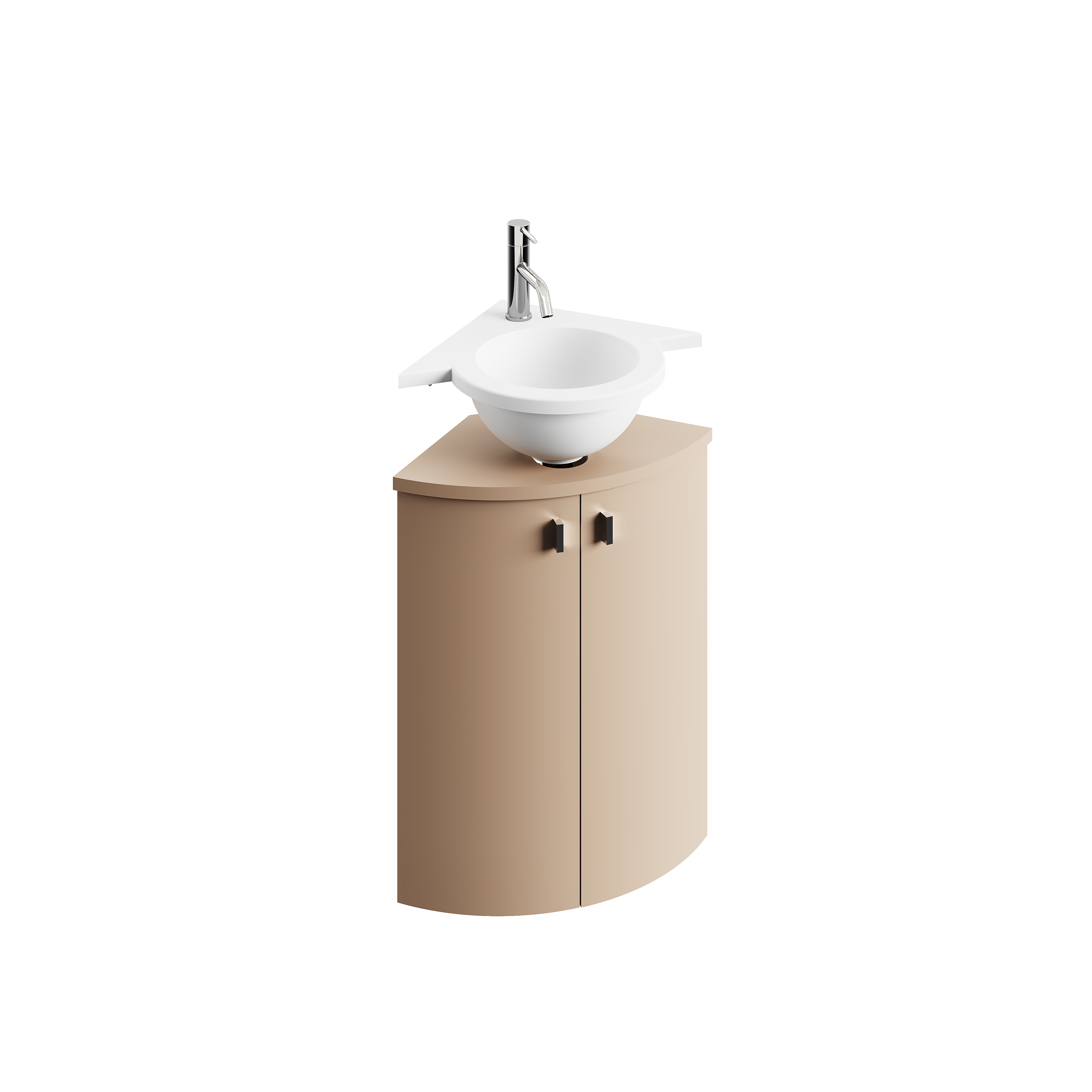 Petit lavabo blanc avec robinet en métal, placé sur un meuble en bois clair avec portes.