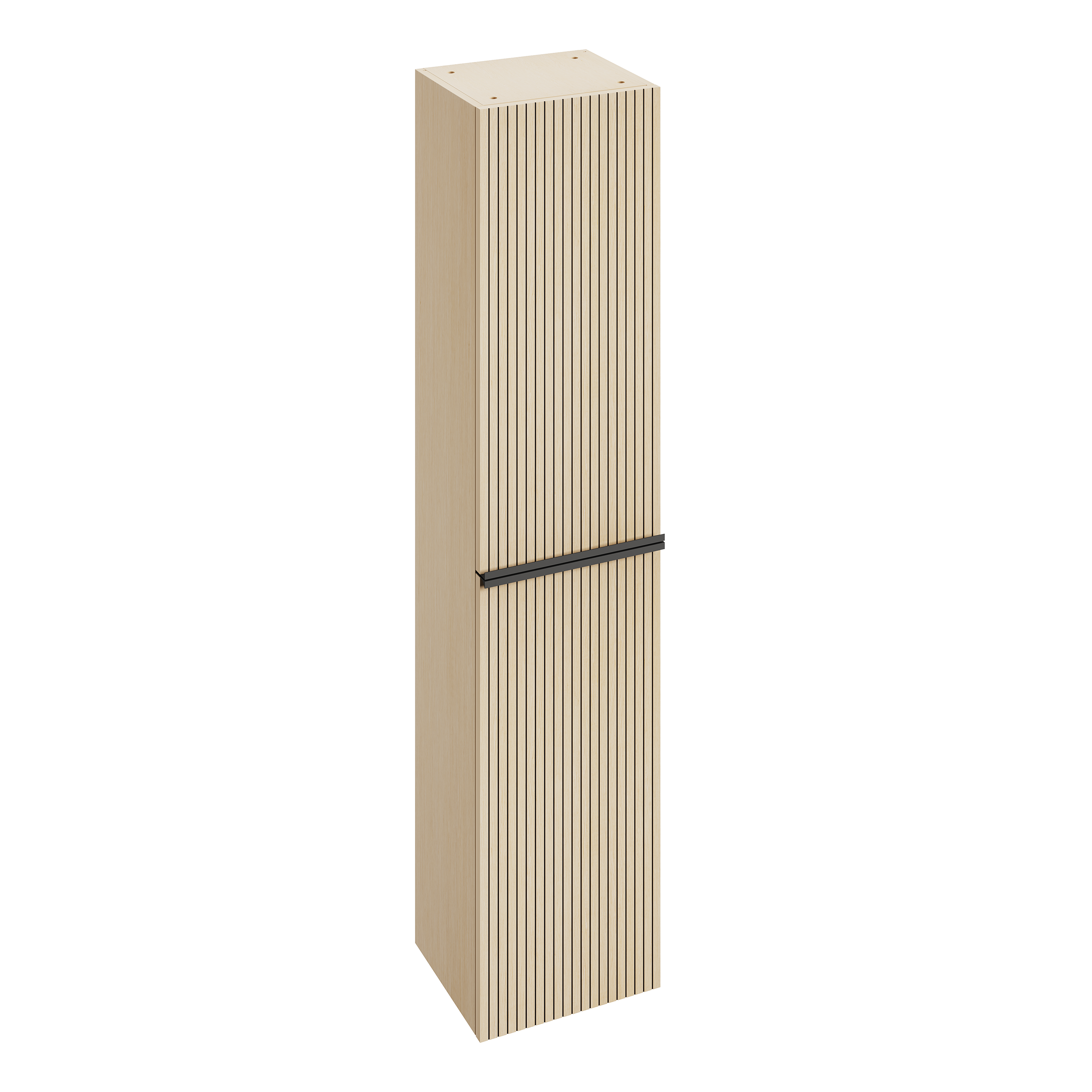 Un meuble de rangement en bois clair avec deux portes, une barre noire traverse le milieu