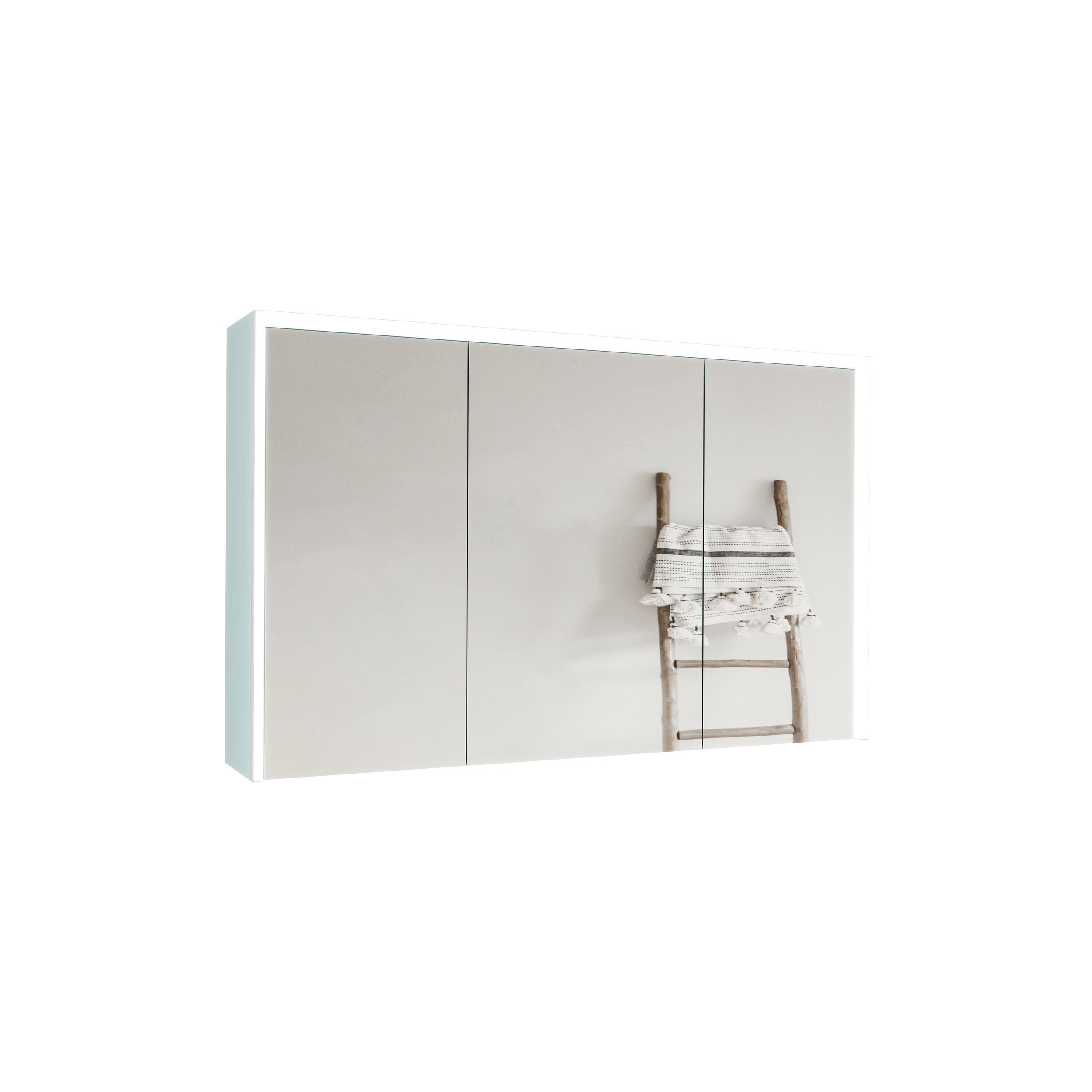 Armoire moderne blanche avec porte miroir et une échelle en bois avec une couverture suspendue.