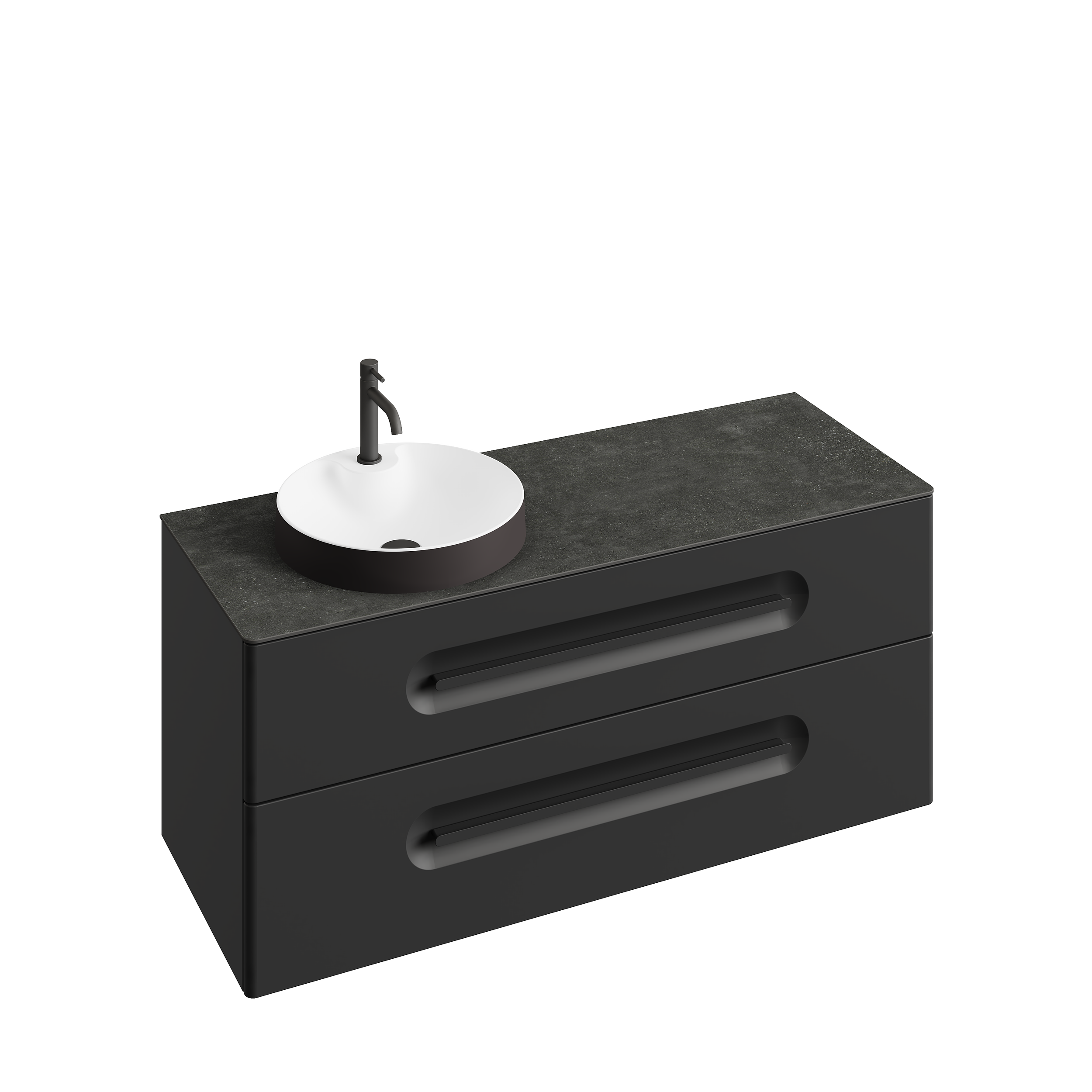 Meuble de salle de bain noir avec deux tiroirs, un plan en surface sombre, évier rond blanc avec robinet noir