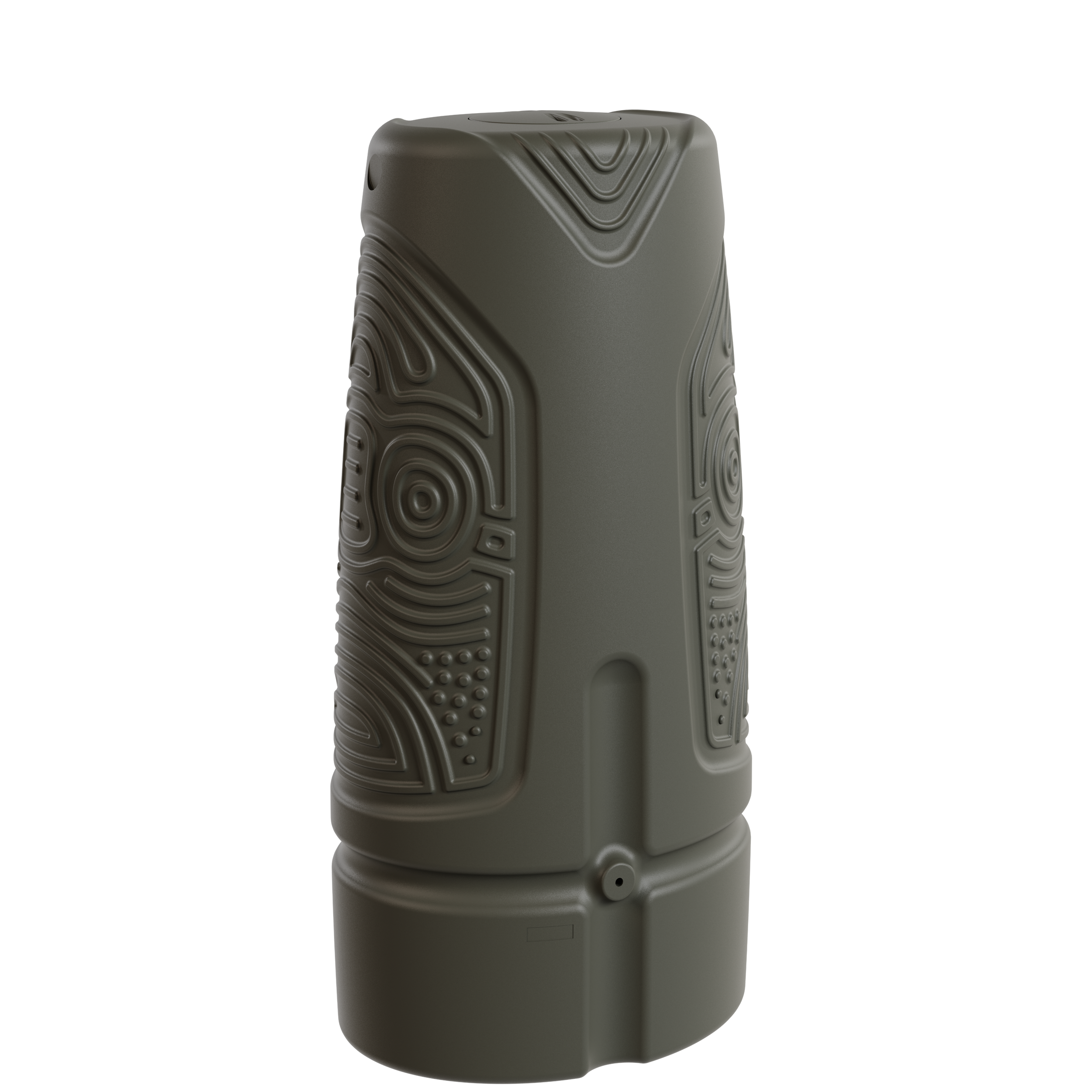 Un objet cylindrique gris avec des motifs sculptés en relief, semblant être une sculpture ou un décor en plastique Packshot 3D, Visuel 3D, CGI , E- commerce Haut de france, St-Omer, Lille, Paris, Cote d'Opale, Dunkerque, Arras