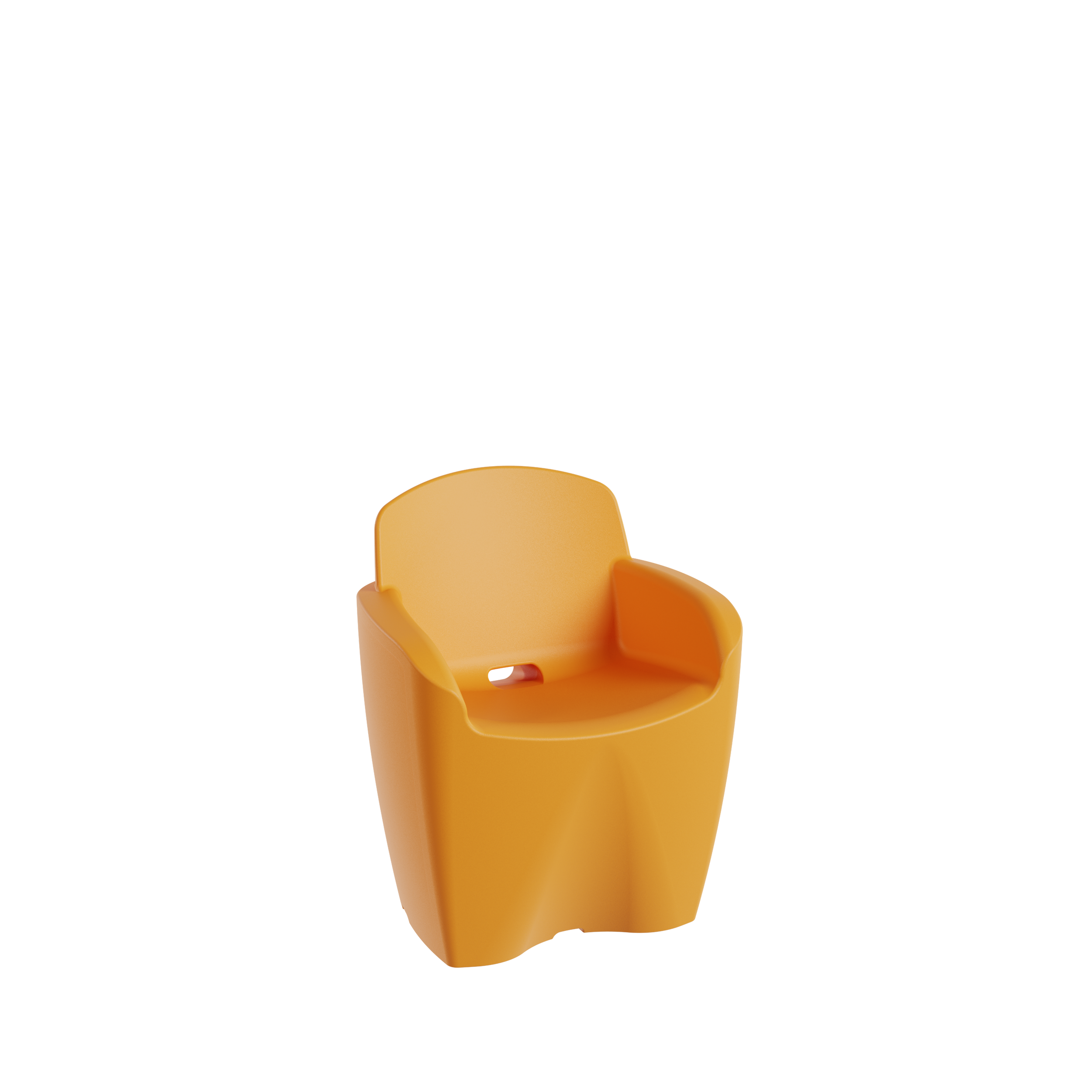 Une chaise de couleur orange en plastique, utilisée pour les enfants, avec un repose-bras intégré et un trou au centre du siège.