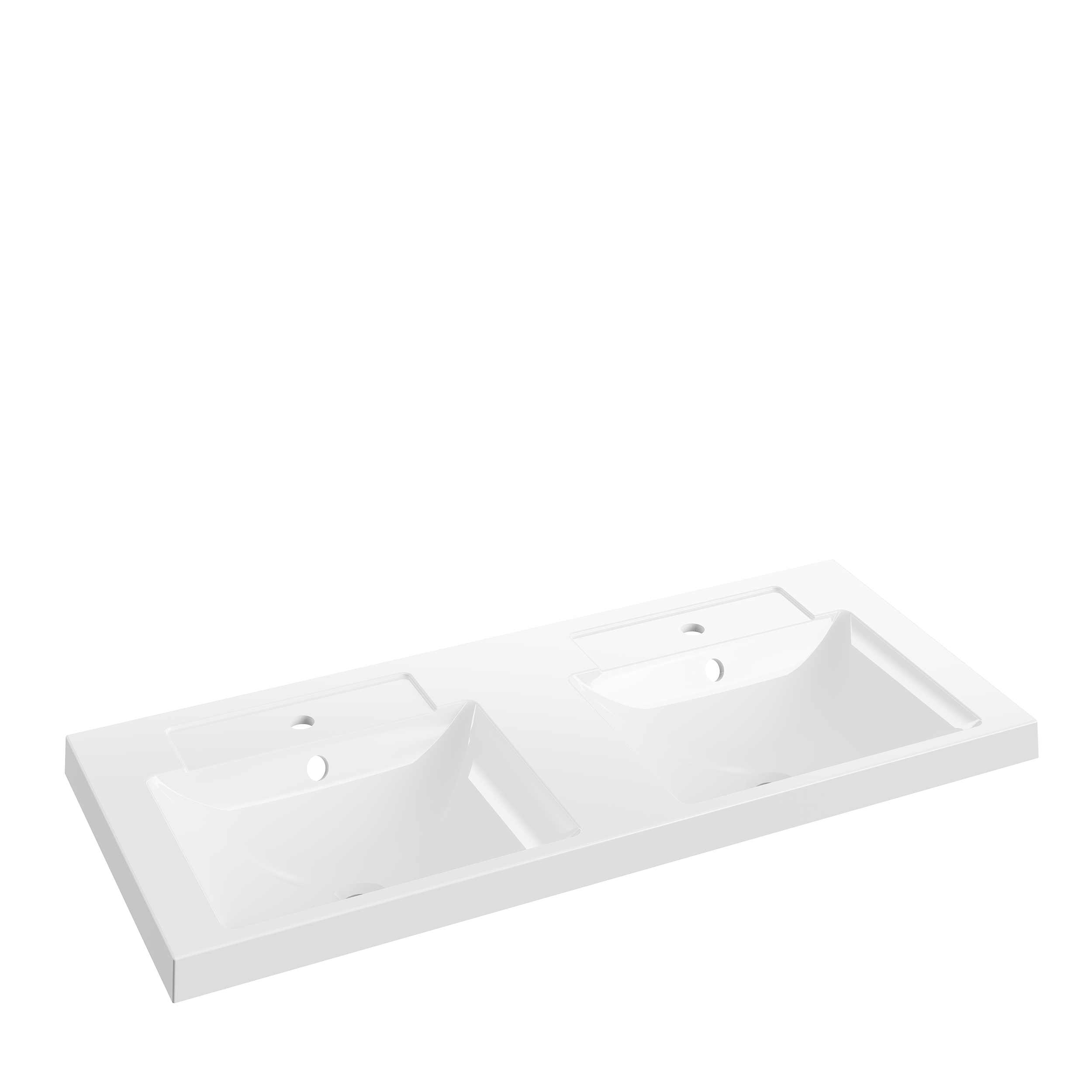 Double lavabo blanc encastré dans un plan en marbre blanc.