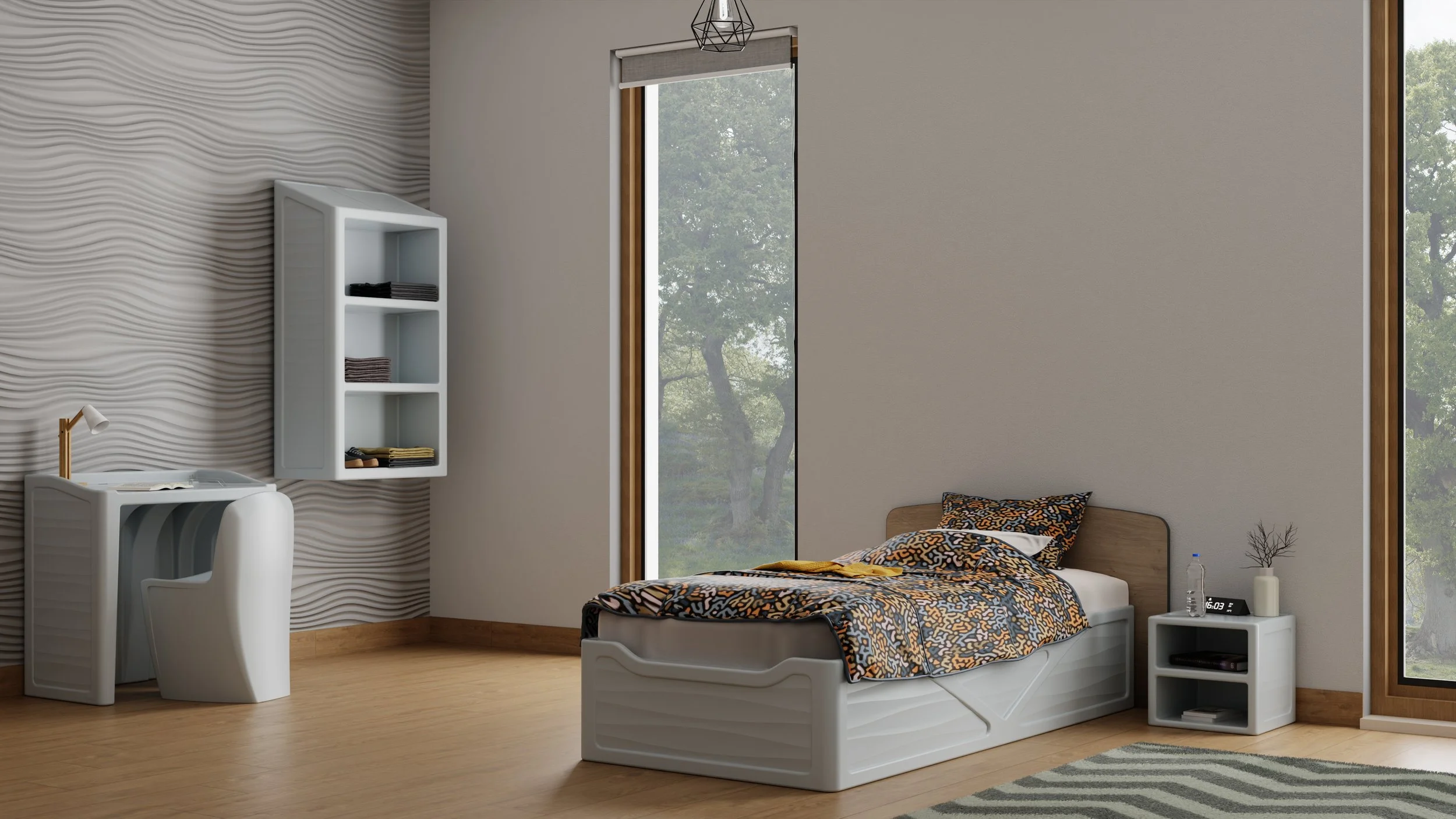 Chambre moderne avec un lit simple, une commode, une table de chevet, et un bureau avec une chaise, dans une pièce lumineuse avec de grandes fenêtres et un mur décoré de textures 3D.