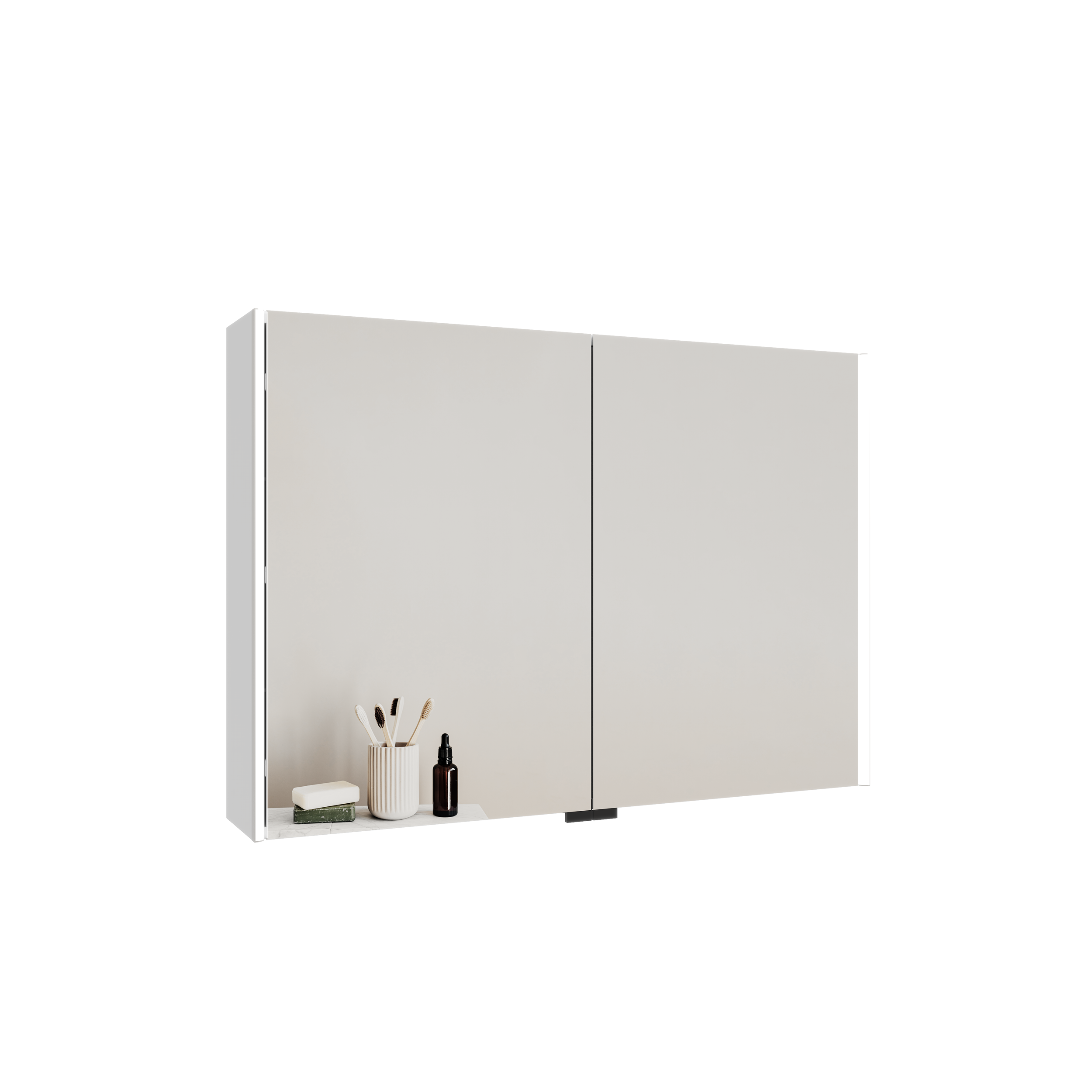 Miroir de salle de bain avec étagère inférieure contenant des accessoires de soins personnels