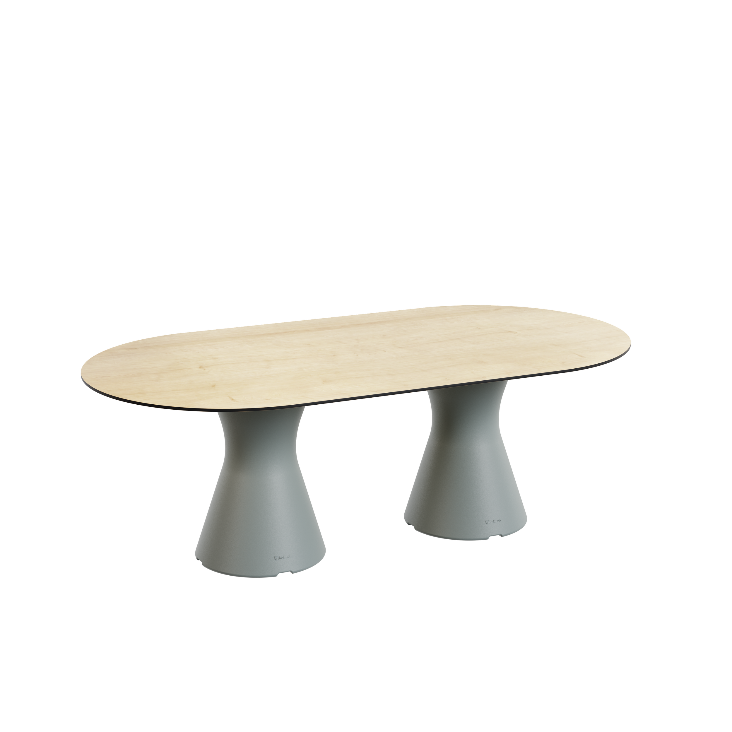 Table en bois ovale avec deux piétements en forme de cône gris, Packshot 3D, Visuel 3D, CGI , E- commerce Haut de france, St-Omer, Lille, Paris, Cote d'Opale, Dunkerque, Arras
