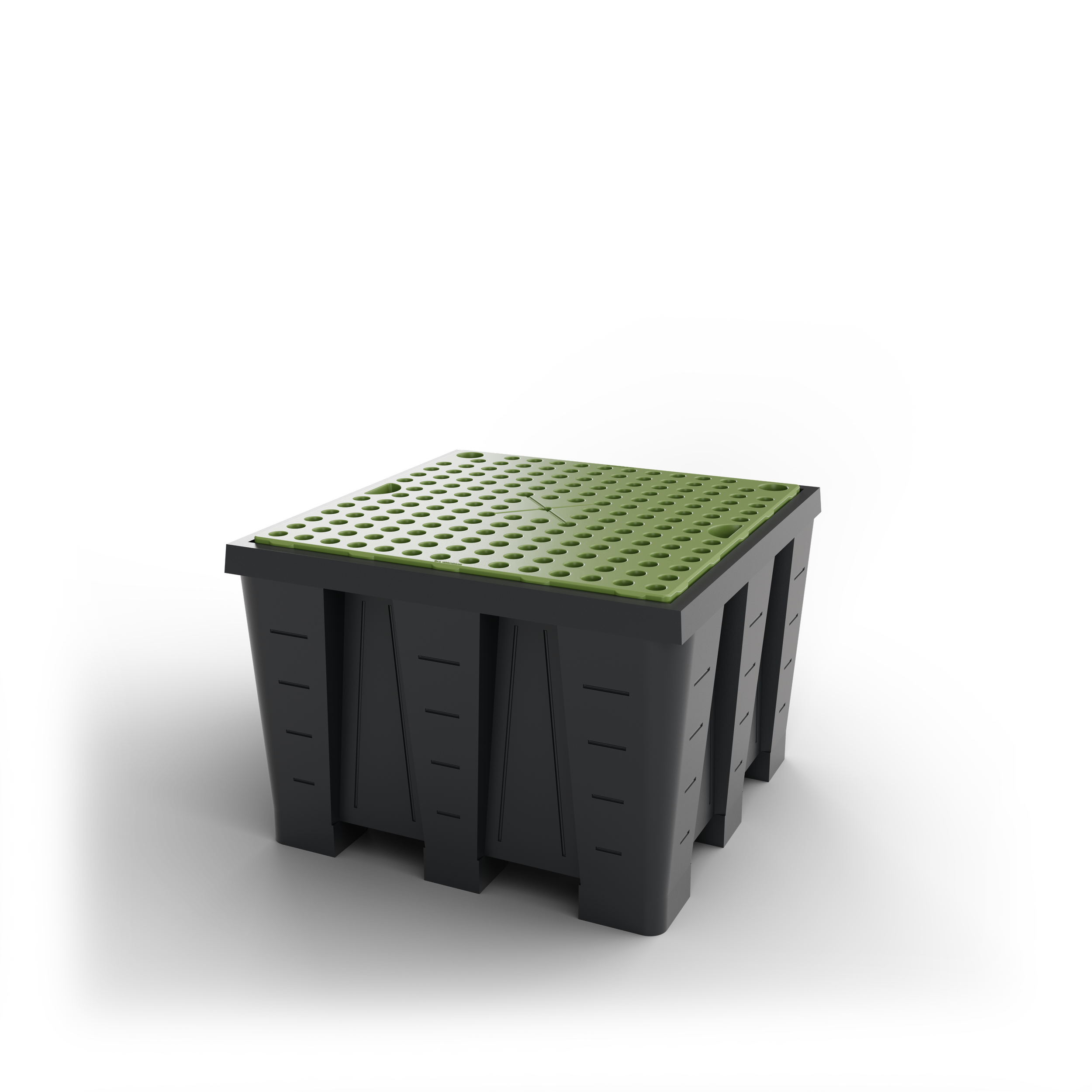 Une boîte en plastique grise avec un plateau à insertions vertesPackshot 3D, Visuel 3D, CGI , E- commerce Haut de france, St-Omer, Lille, Paris, Cote d'Opale, Dunkerque, Arras