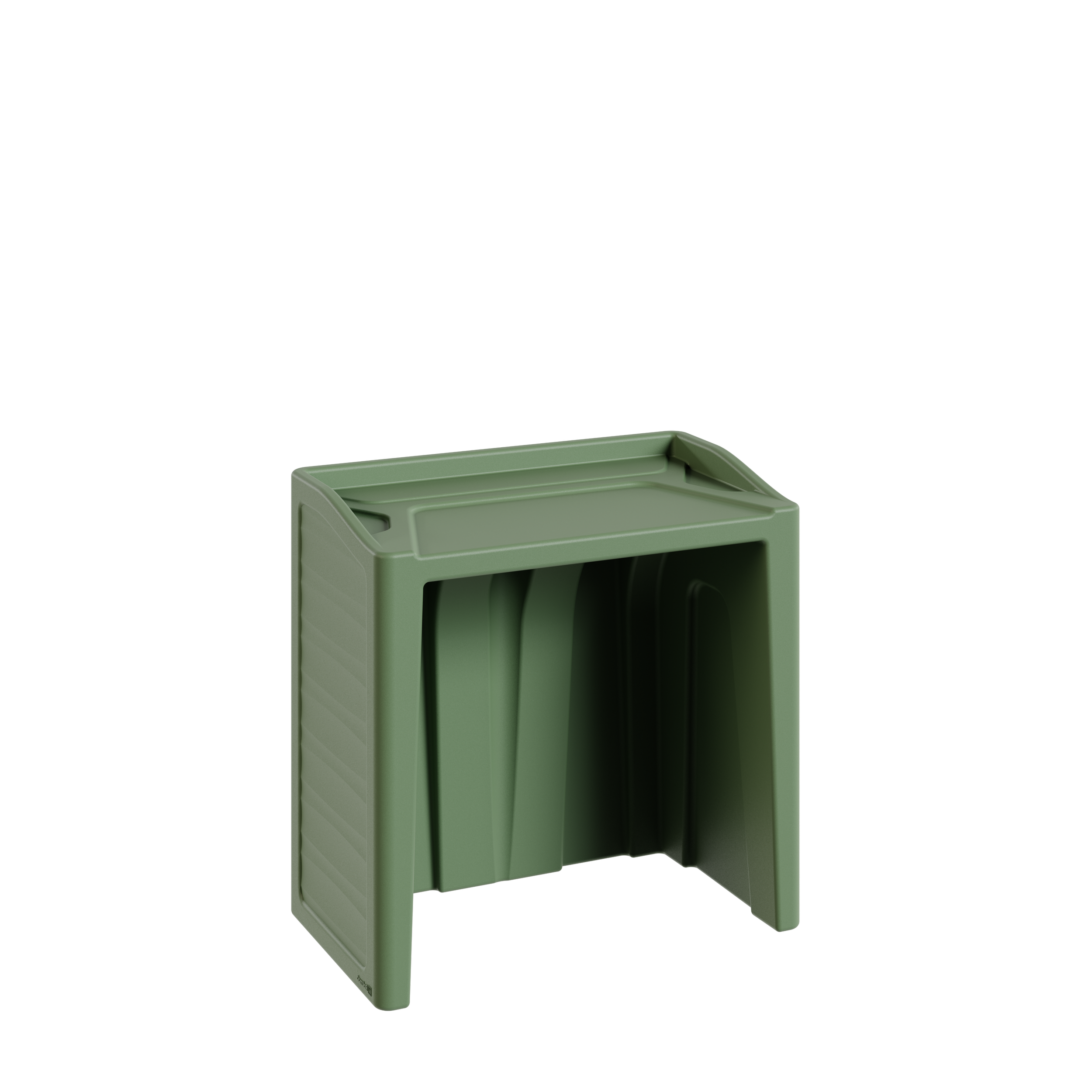 Un porte-revues en plastique vert avec compartiments de rangement.