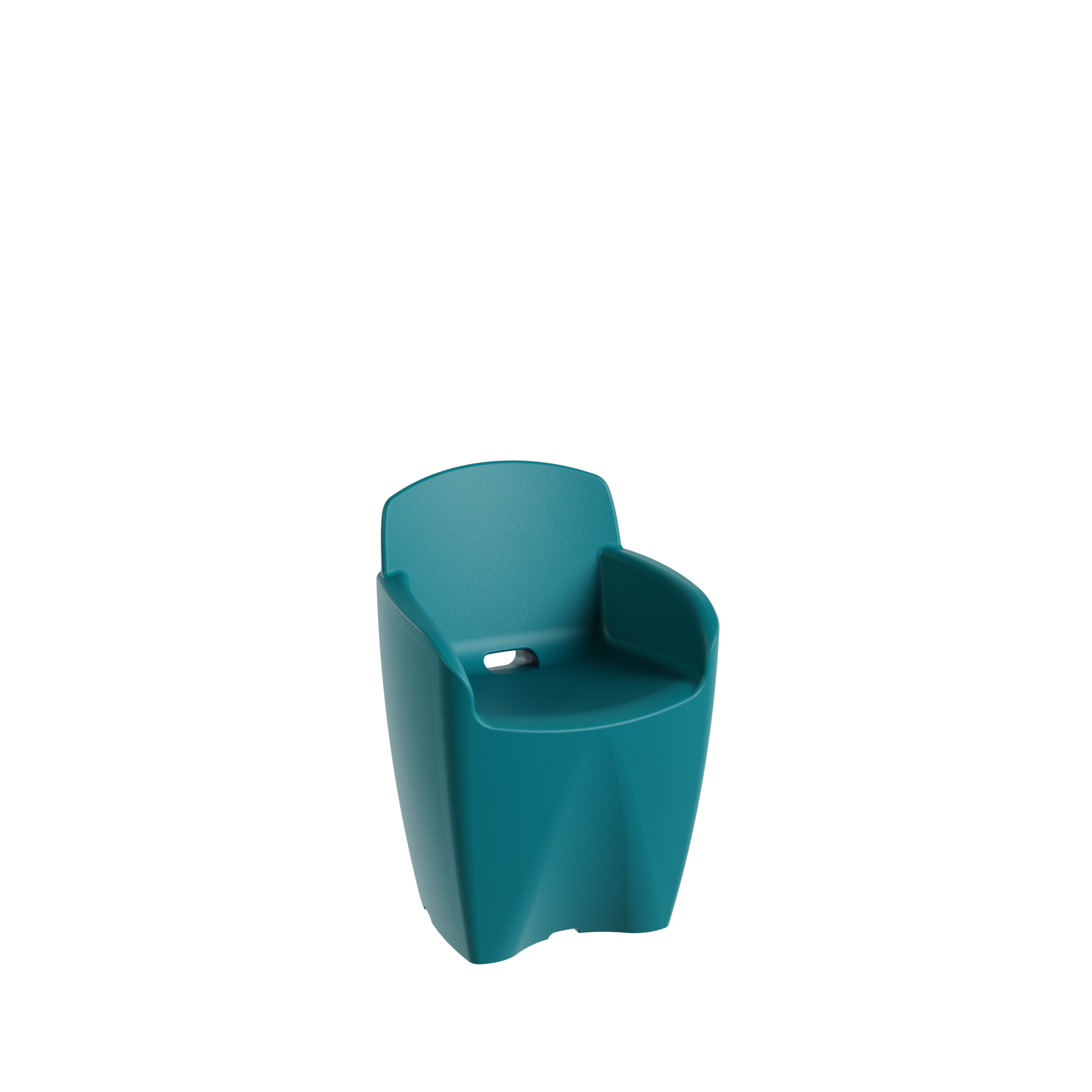 Packshot 3D, Visuel 3D, CGI , E- commerce Fauteuil bleu de forme moderne avec un trou pour la main, probablement pour accueillir une boisson ou un objet, avec un fond noir.