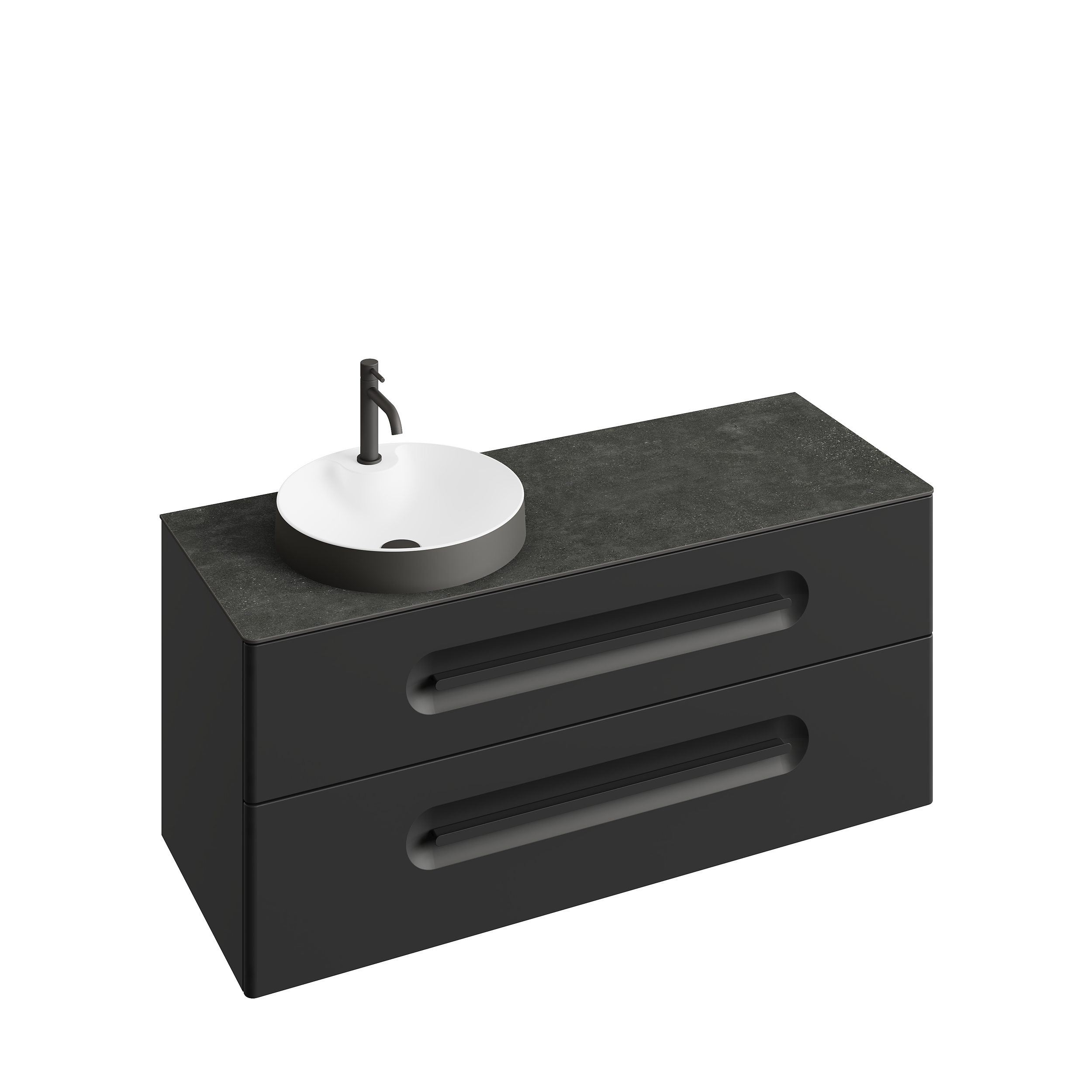 Un meuble noir avec deux tiroirs et un comptoir en pierre, avec un évier rond blanc et un robinet noir.