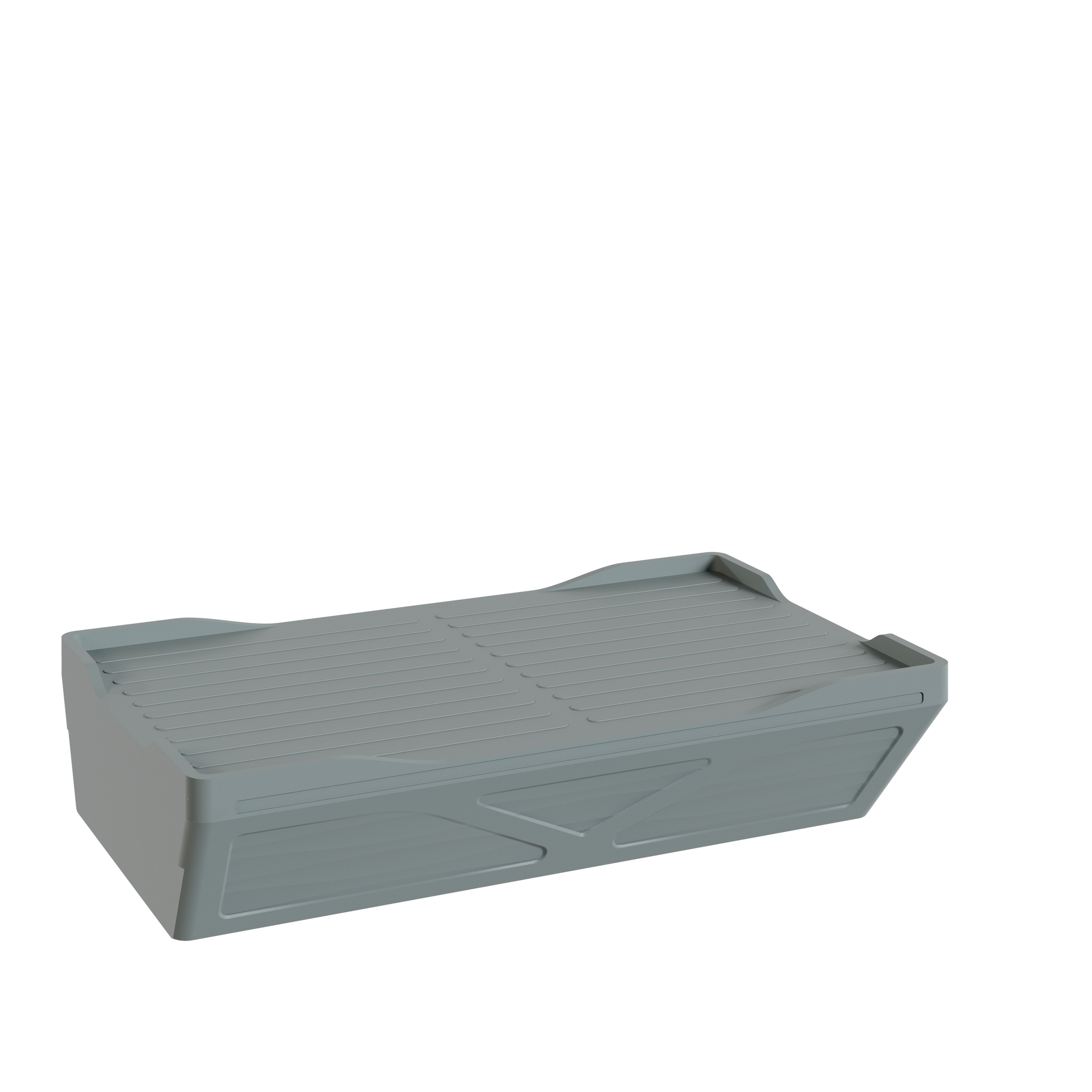 Une grande caisse en plastique gris avec un dessus rainuré