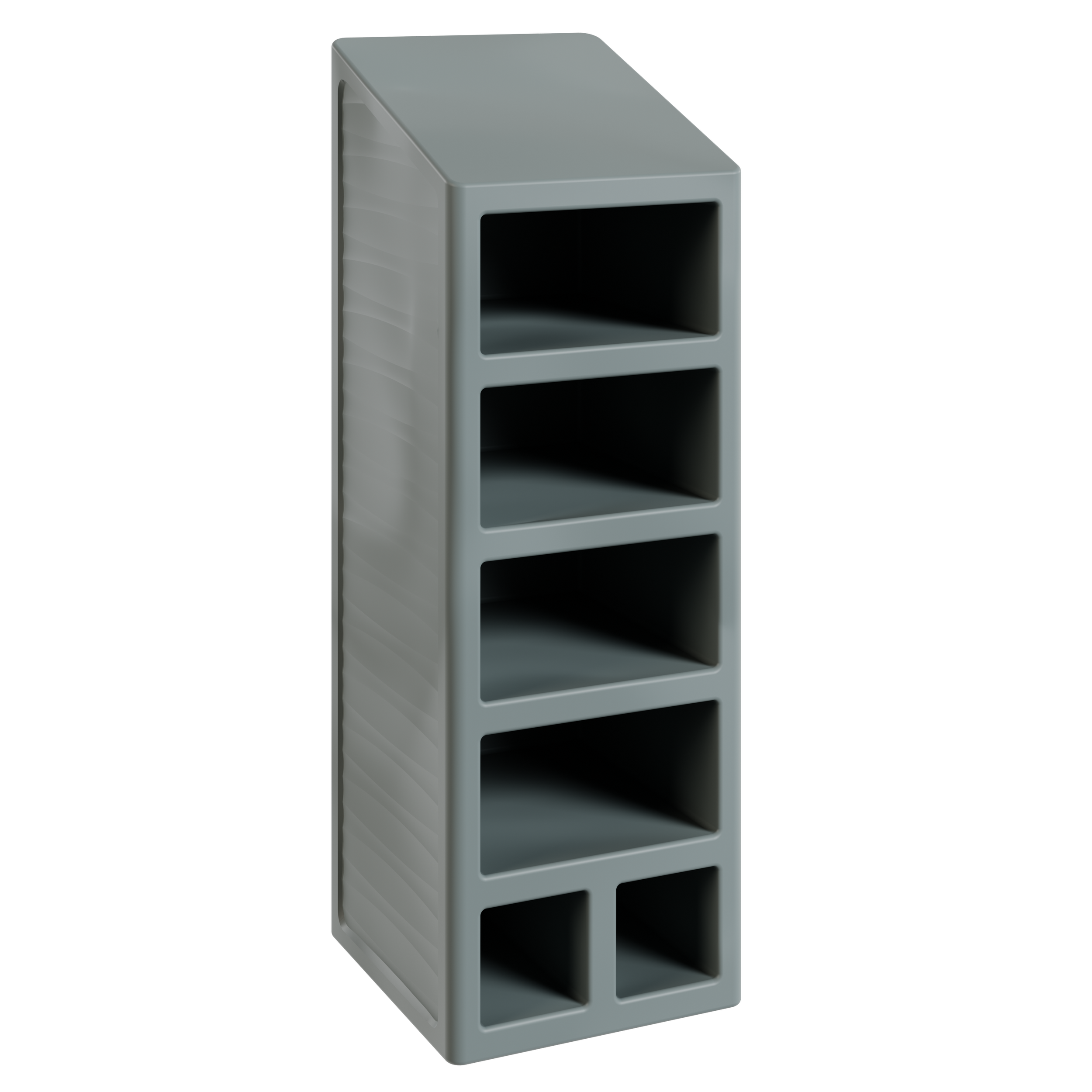 Une étagère en plastique gris clair avec plusieurs compartiments, située contre un fond noir.