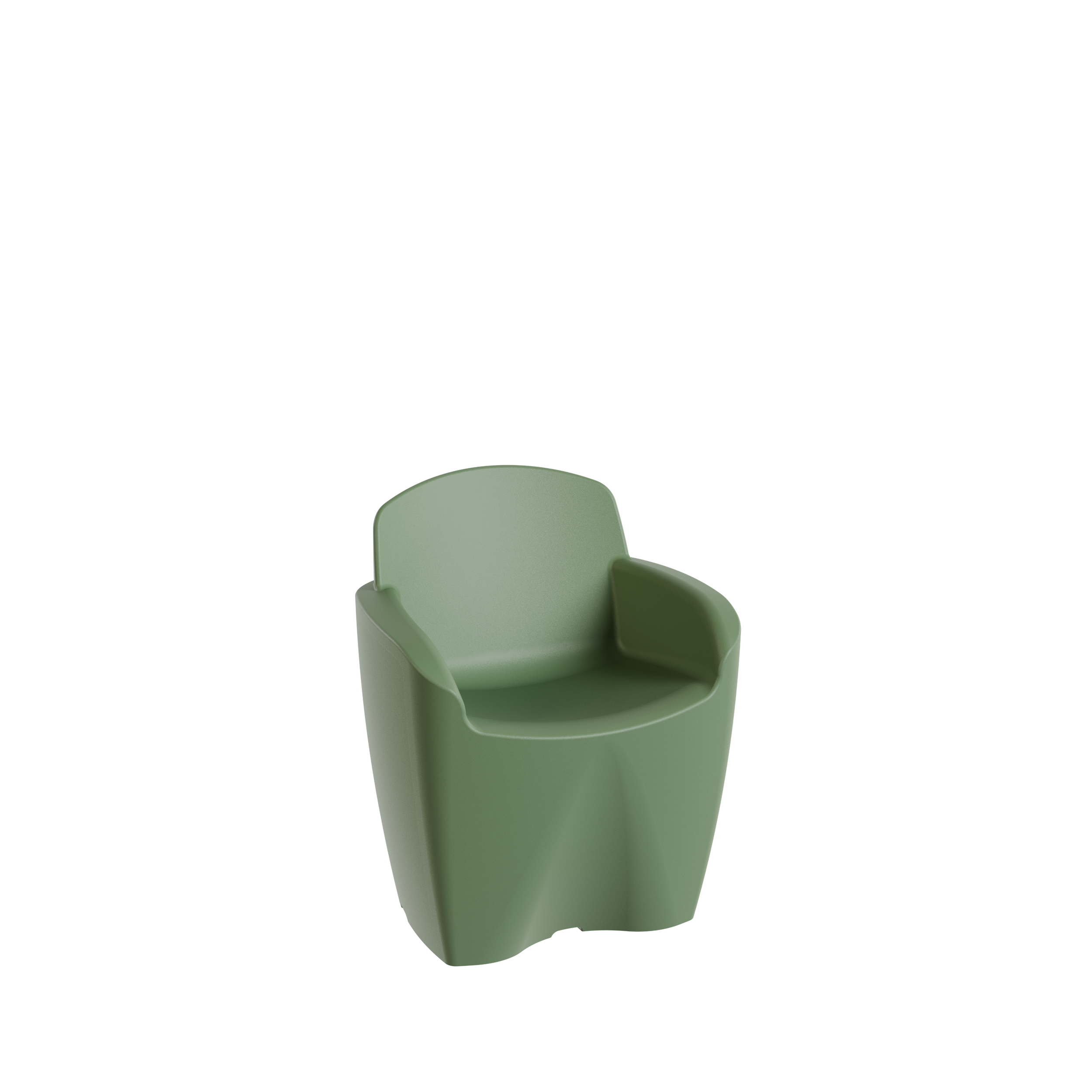 Packshot 3D, Visuel 3D, CGI , E- commerce Chaise en plastique vert clair avec accoudoirs, vue de face.