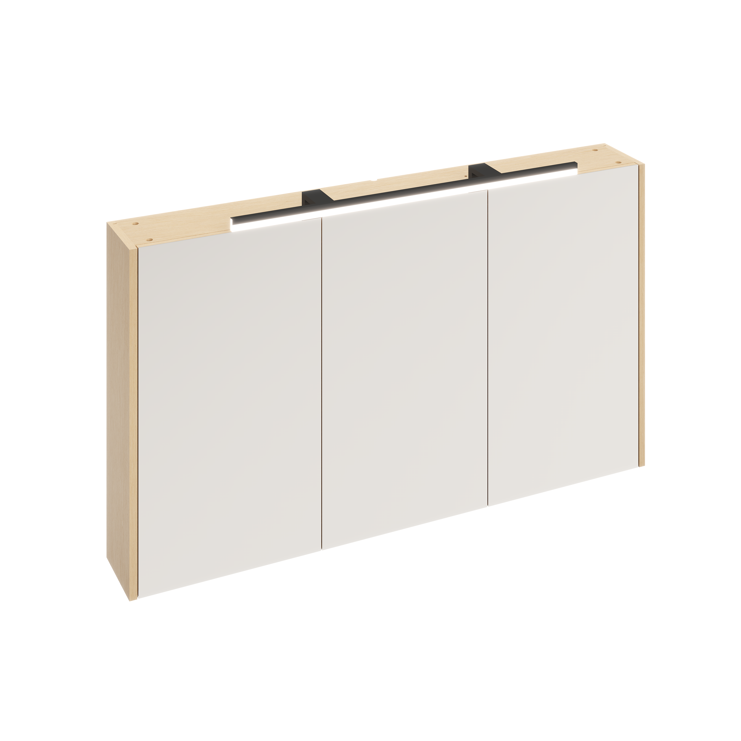 Un meuble avec trois portes blanches encadré par une structure en bois avec un éclairage intégré à la partie supérieure.