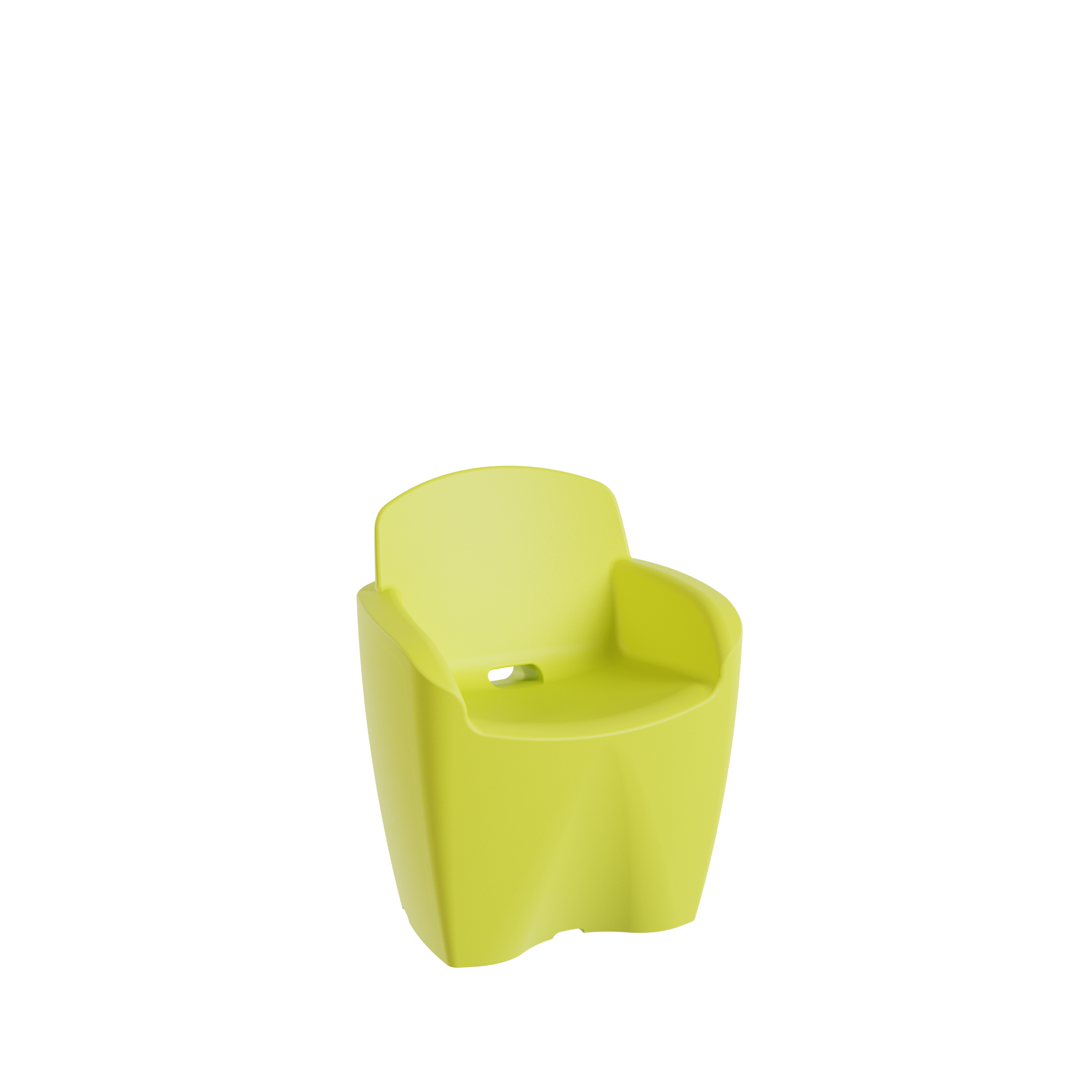 Une chaise d'enfant jaune vif en plastique avec bras et dossier, vue de face, contre un fond noir.