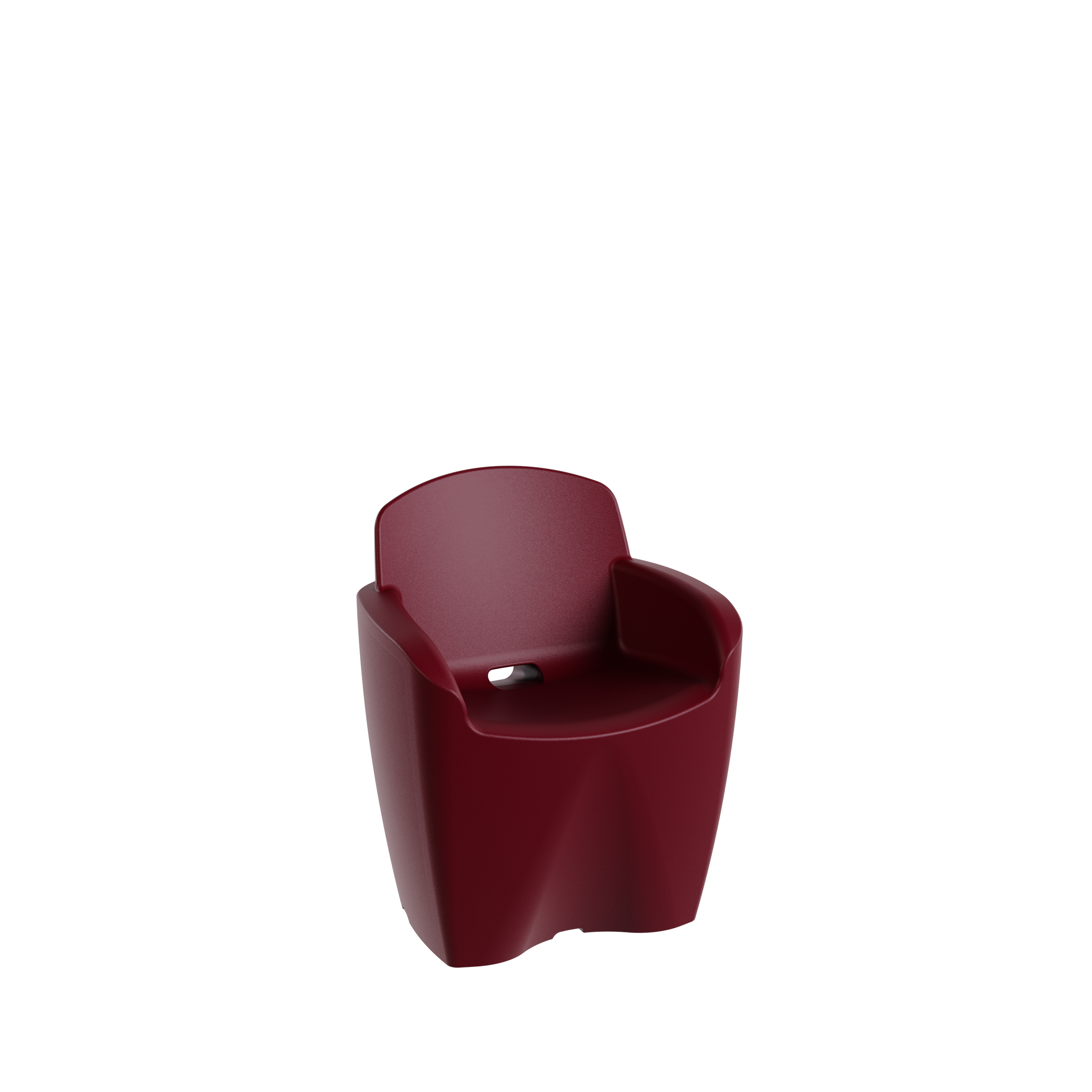 Fauteuil rouge avec accoudoirs, disposition moderne, contre un fond noir.