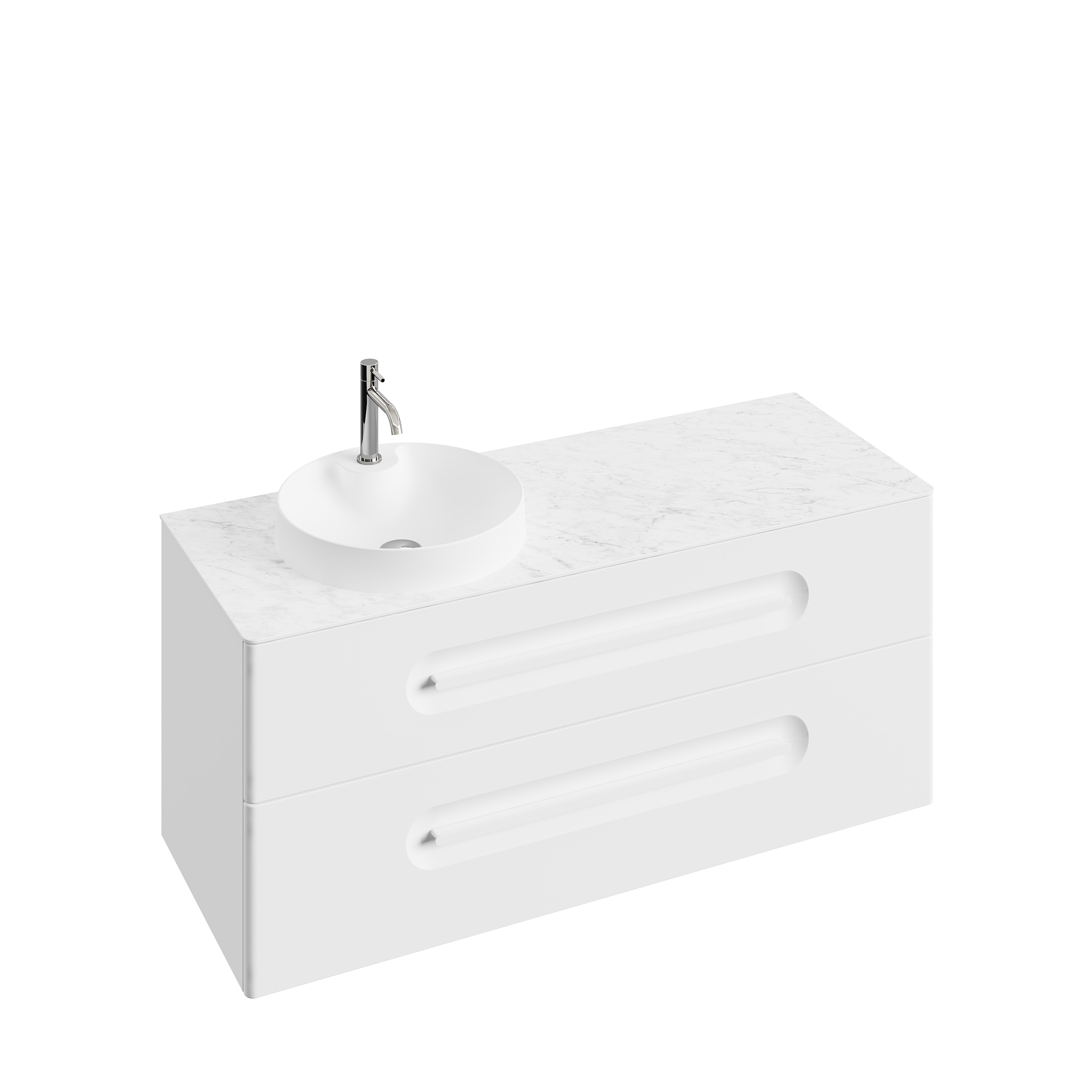 Meuble blanc avec un lavabo rond blanc et un robinet en métal, lavabo fixé sur un comptoir en marbre blanc, face visible en perspective.