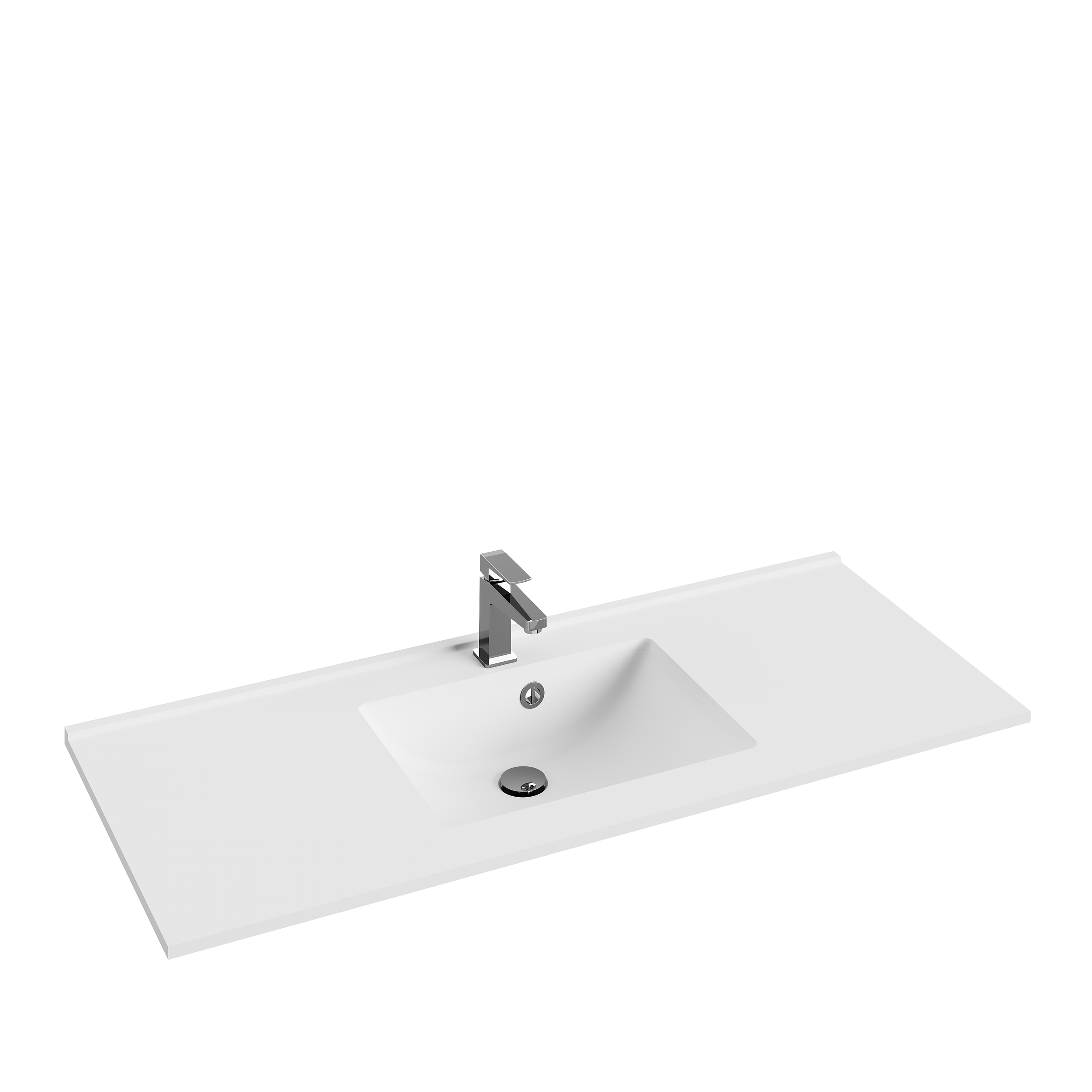 Lavabo blanc rectangulaire avec robinet chromé et évier intégré sur fond noir.