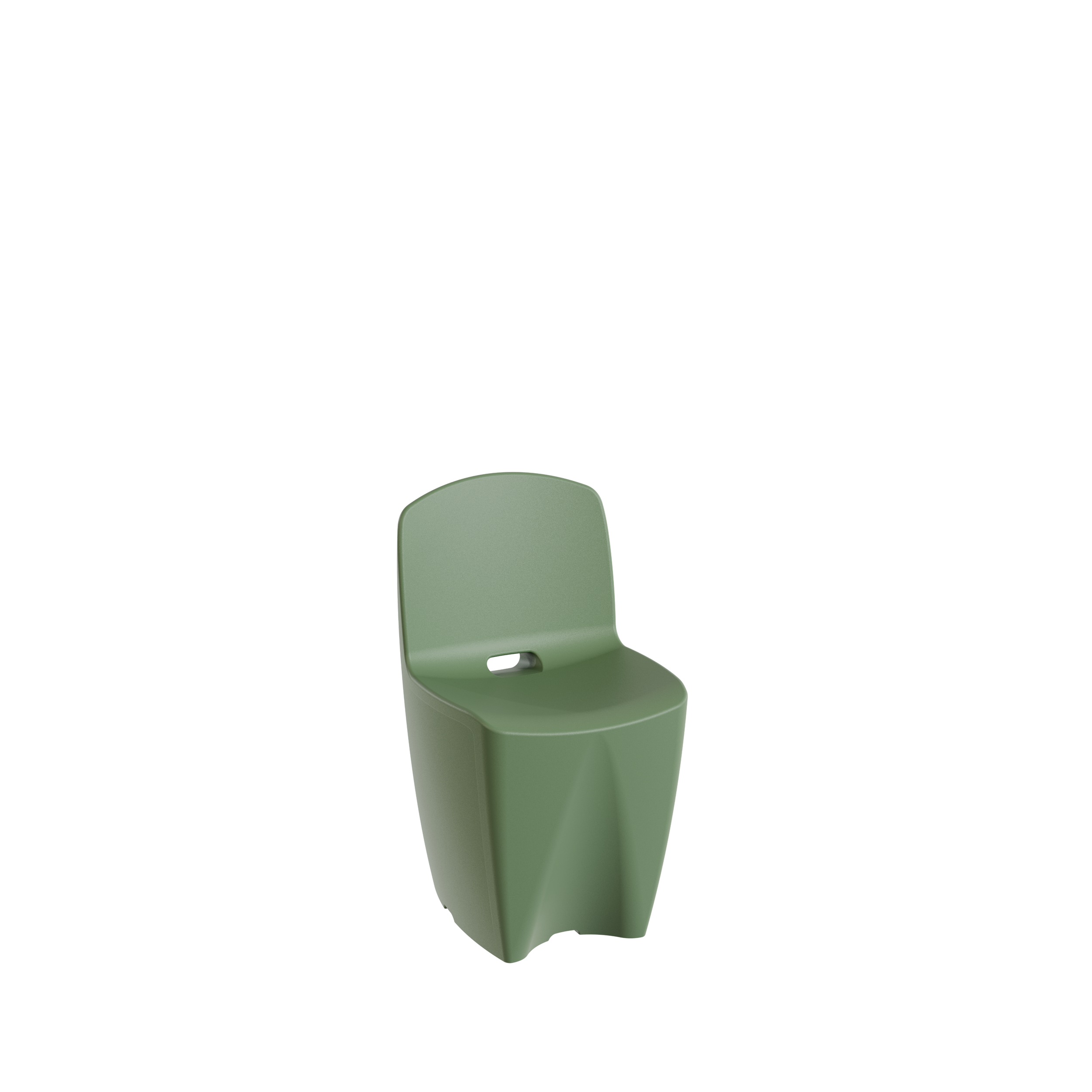 Packshot 3D, Visuel 3D, CGI , E- commerce Une chaise verte en plastique avec une ouverture dans le dossier, placé sur un fond noir.