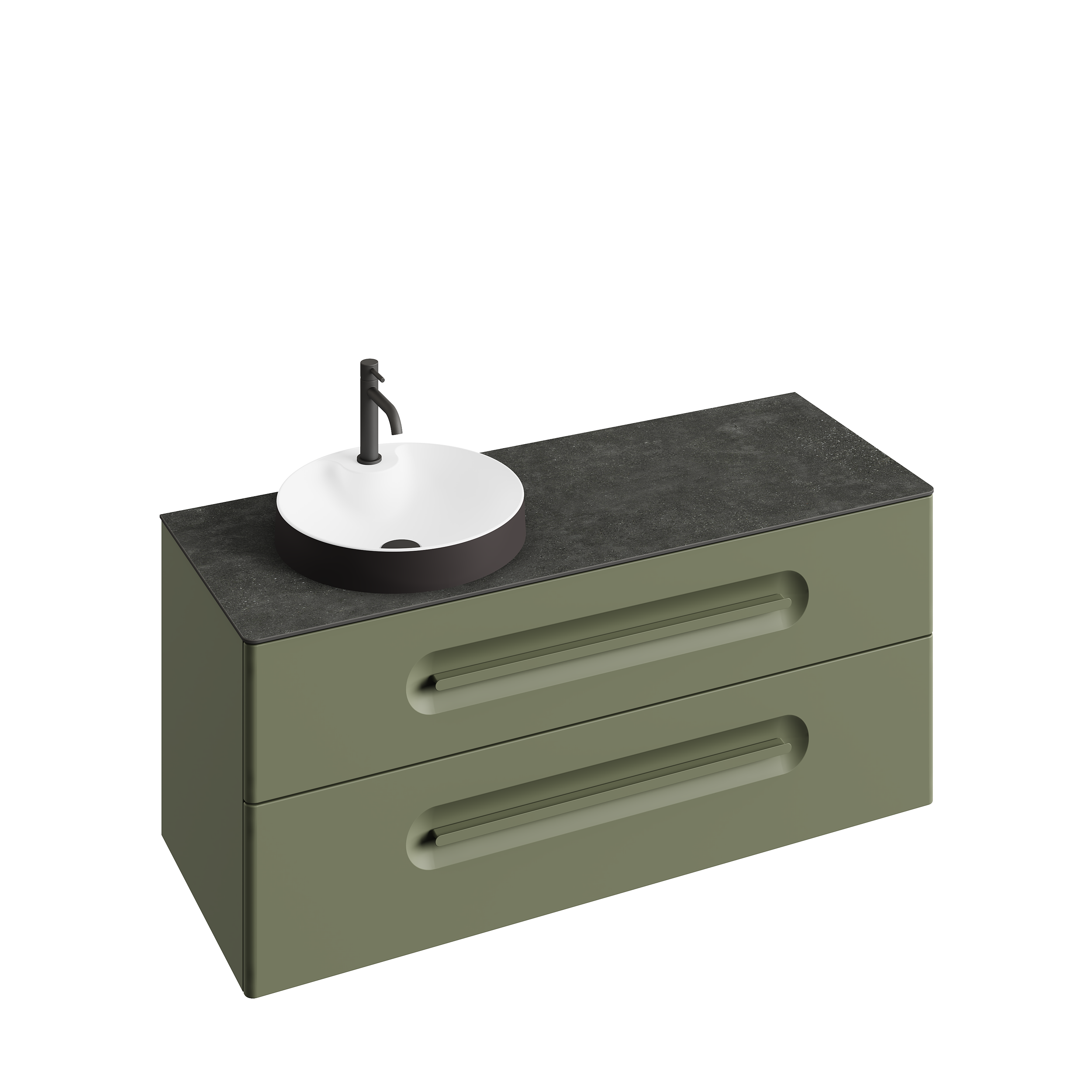 Meuble de rangement vert avec deux tiroirs, un lavabo rond blanc avec robinet noir sur un comptoir sombre.
