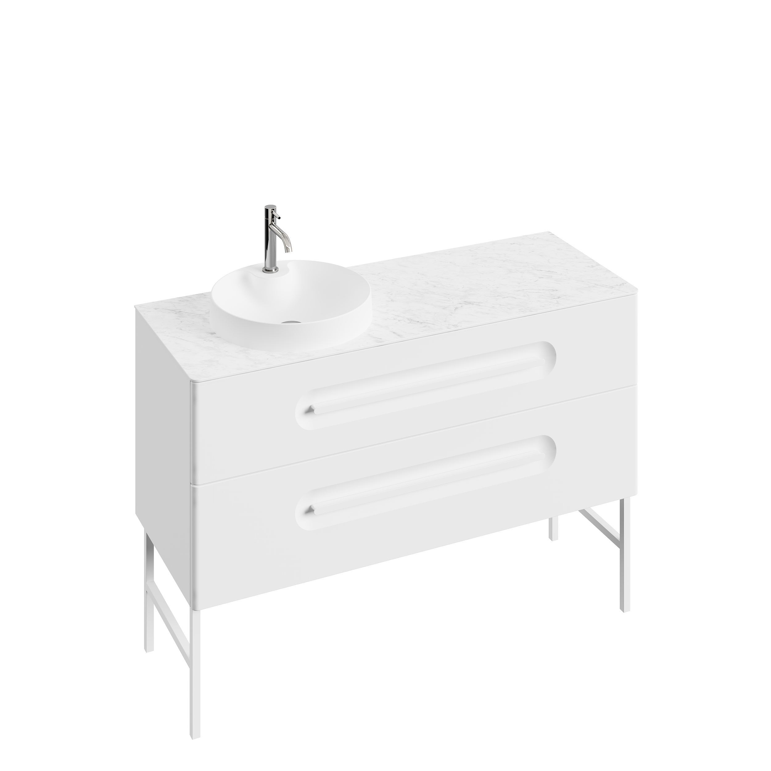Un meuble de salle de bain blanc avec un lavabo rond blanc et un robinet en métal, posé sur un comptoir en marbre blanc, avec deux tiroirs modernes.