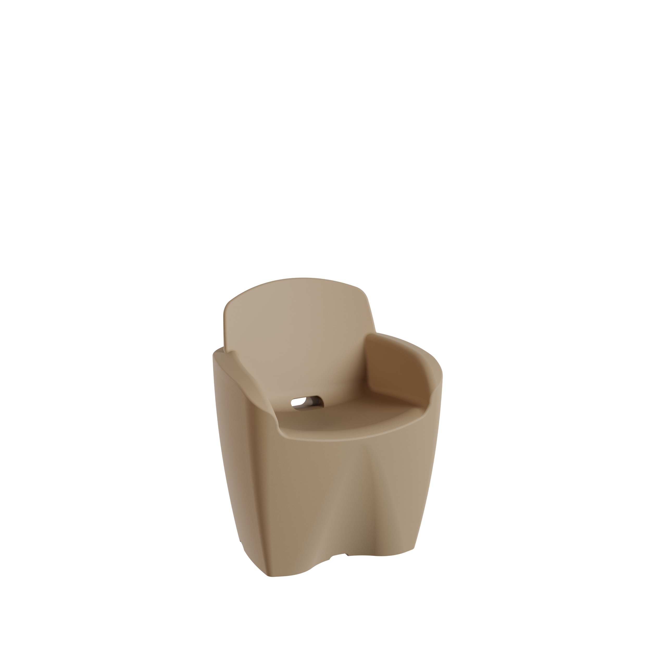 Chaise en plastique beige avec accoudoirs, vue de face, isolée sur fond noir.