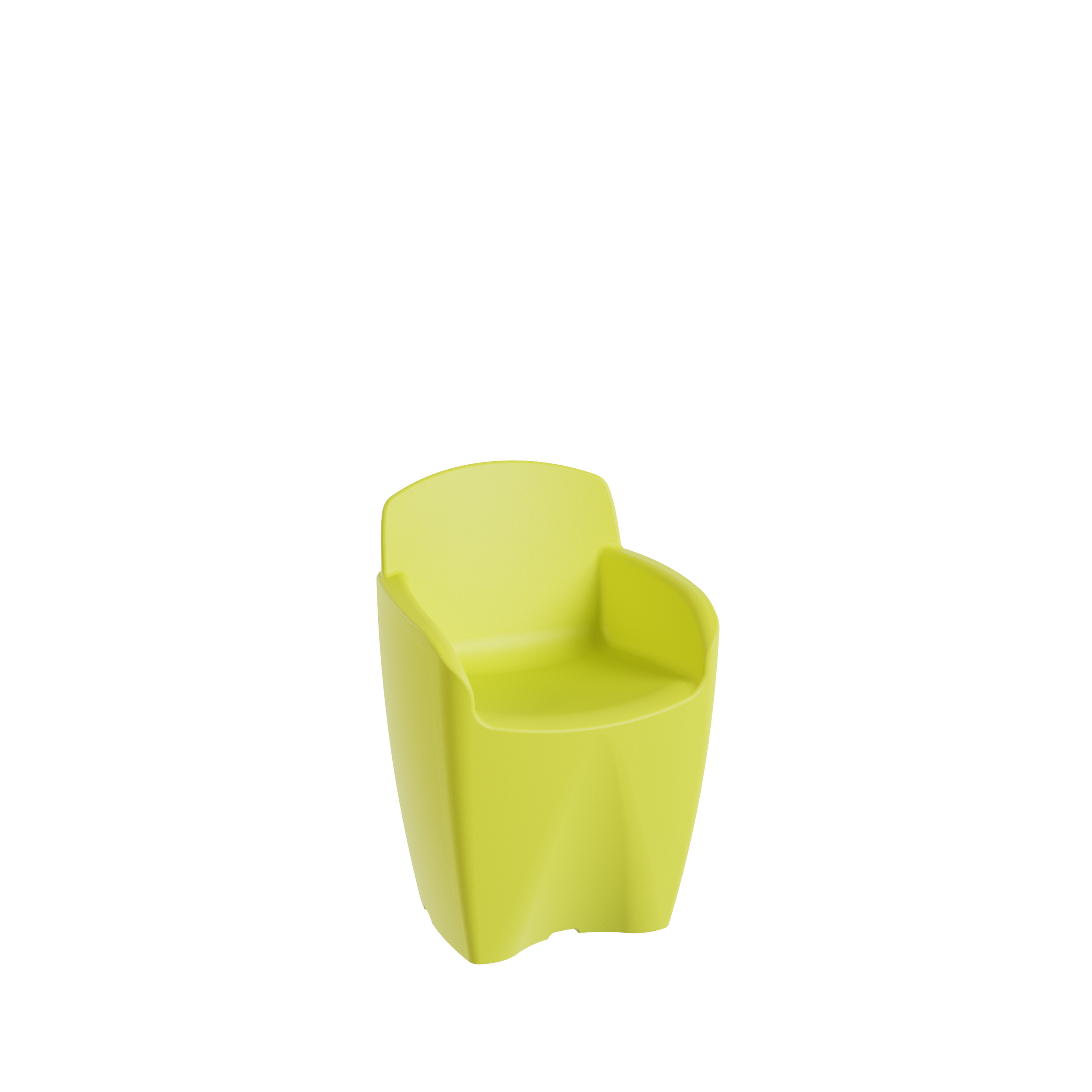 Packshot 3D, Visuel 3D, CGI , E- commerce Fauteuil moderne jaune vif avec bras courbes, en plastique.
