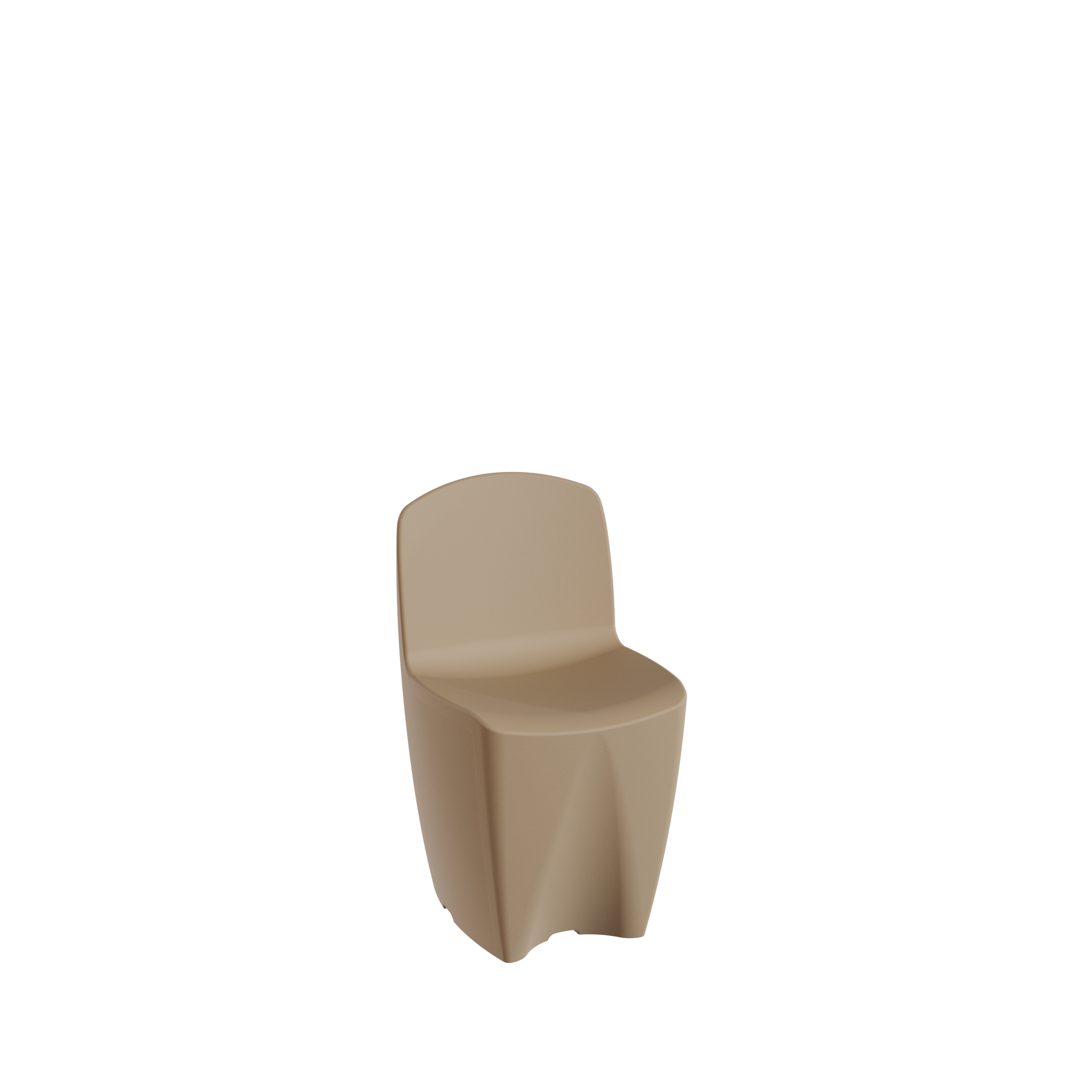 Une chaise beige avec un dossier courbé, en plastique, sur un fond noir.