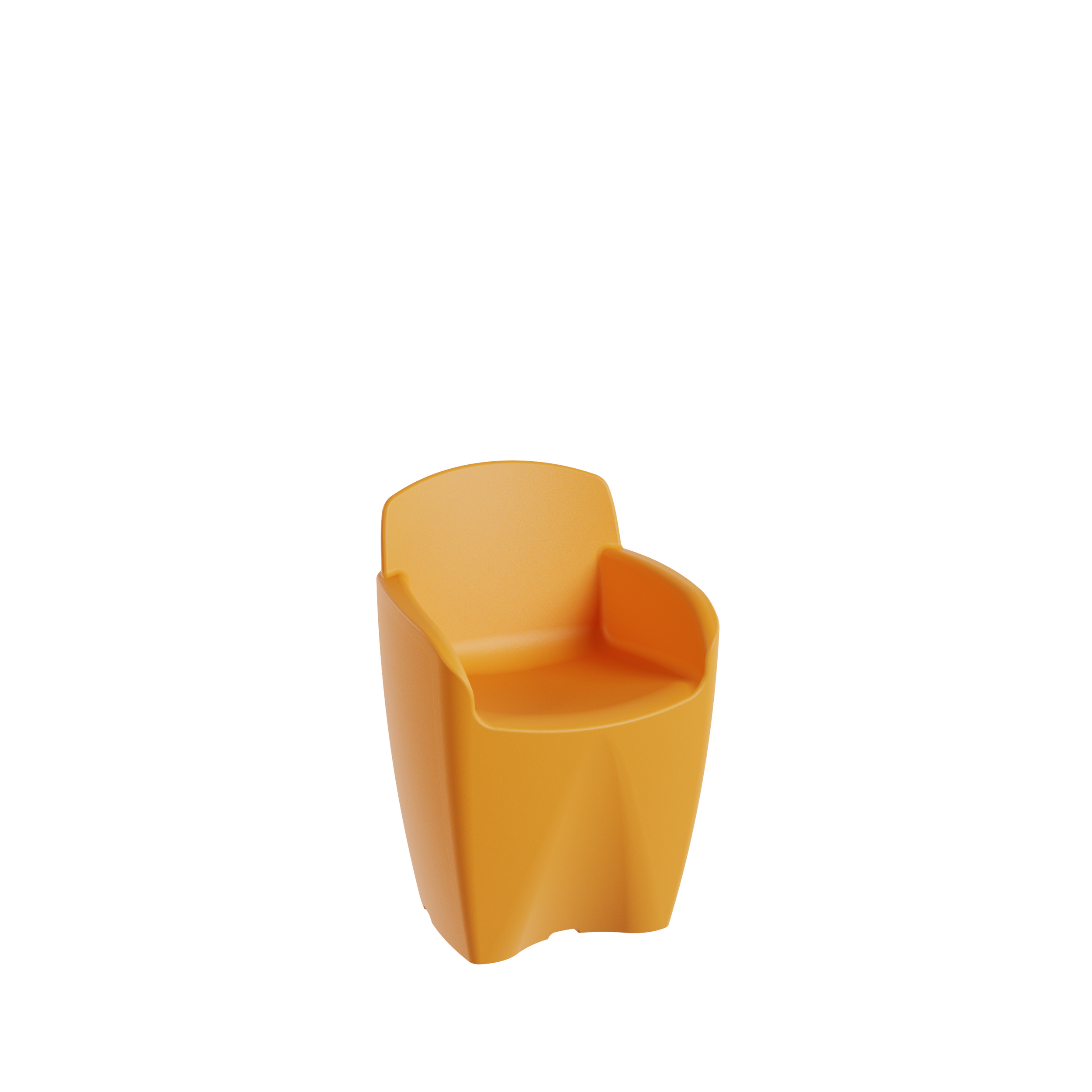 Packshot 3D, Visuel 3D, CGI , E- commerce Une chaise jaune en plastique, sans dossier, avec des bras courbés.