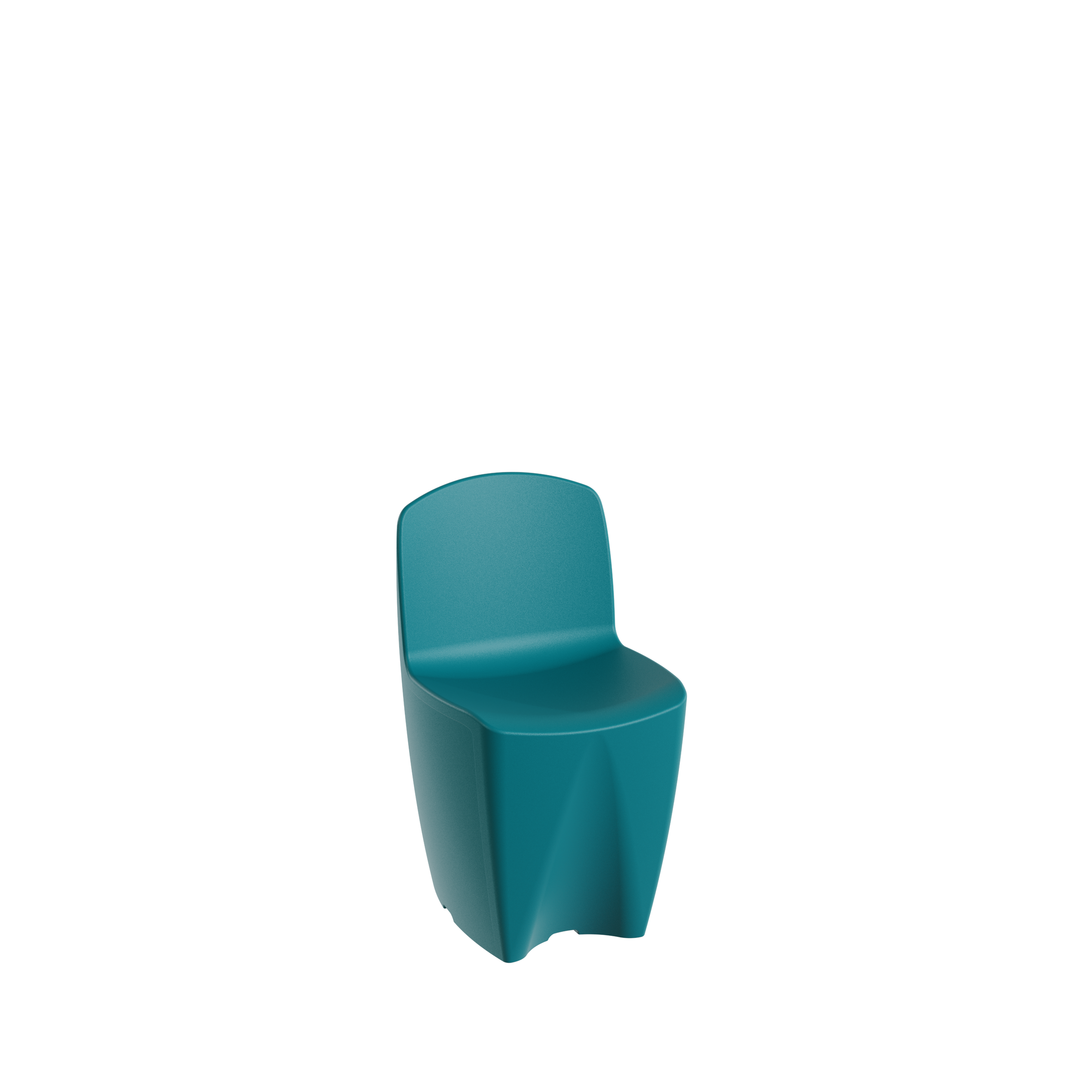 Chaise en plastique bleu à tendance moderne, vue de face, sans bras, avec un dossier arrondi.